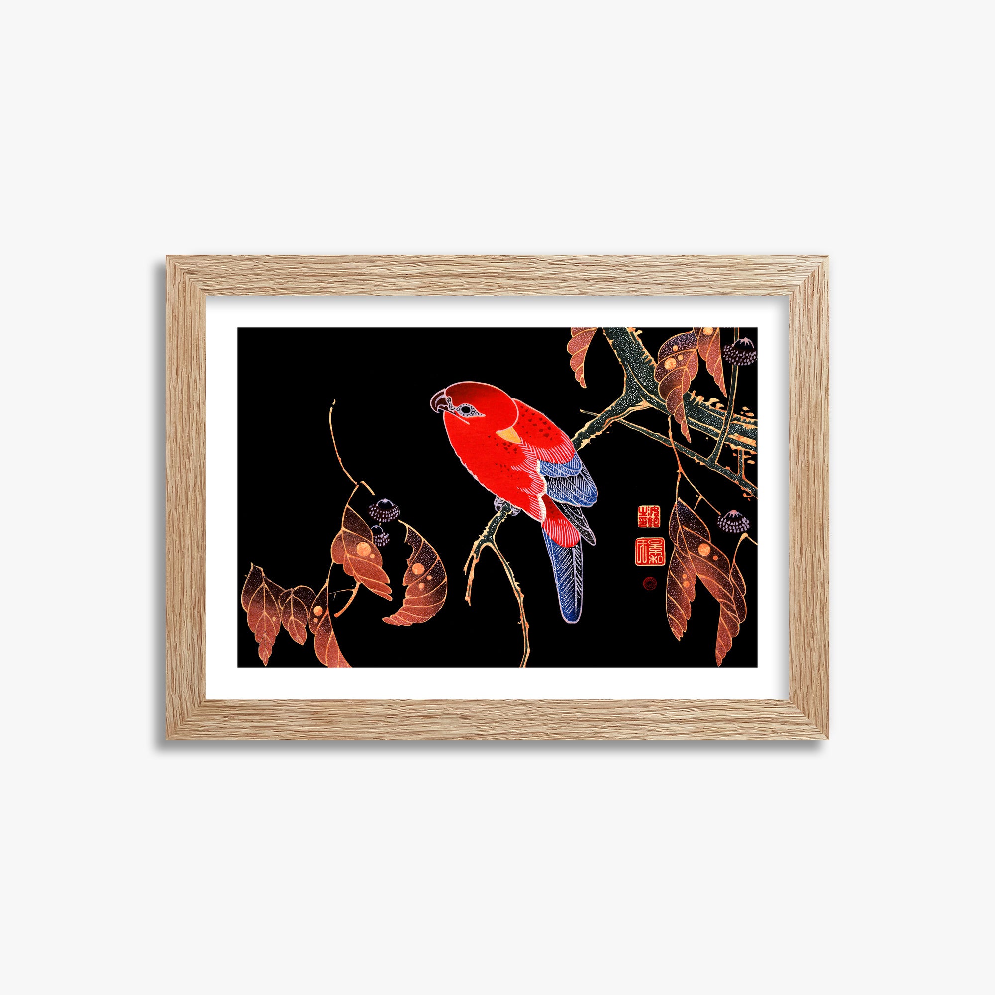 Ito Jakuchu: Red Parrot on the Branch of a Tree, 21x30cm Framed Art Reproduction With Raw Oak Frame