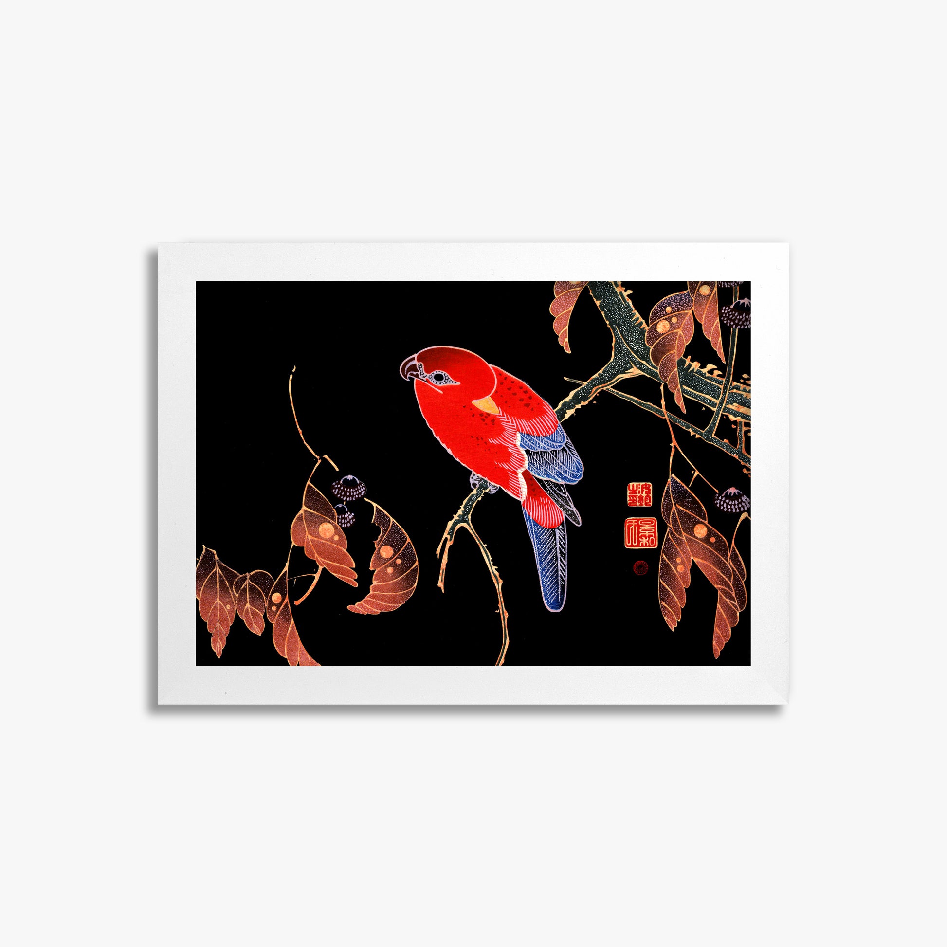Ito Jakuchu: Red Parrot on the Branch of a Tree, 21x30cm Framed Art Reproduction With White Frame