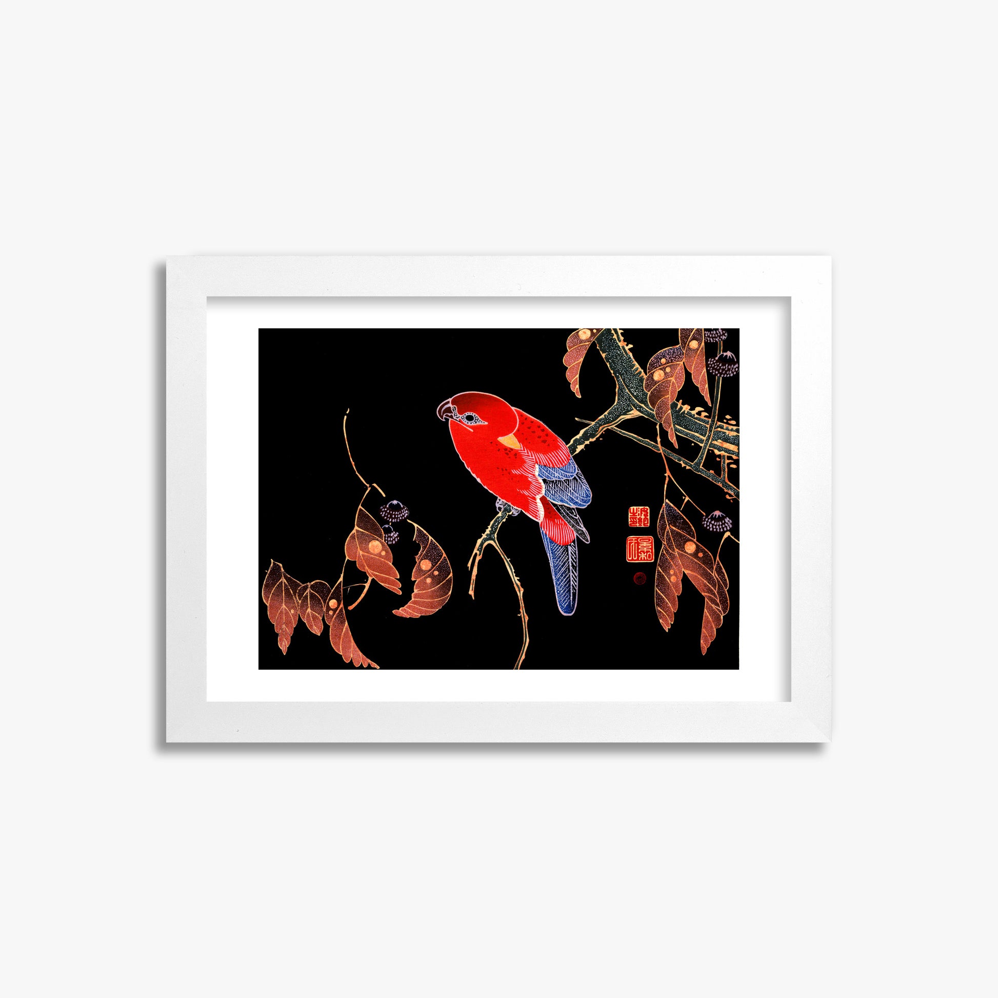Ito Jakuchu: Red Parrot on the Branch of a Tree, 21x30cm Framed Art Reproduction With White Frame