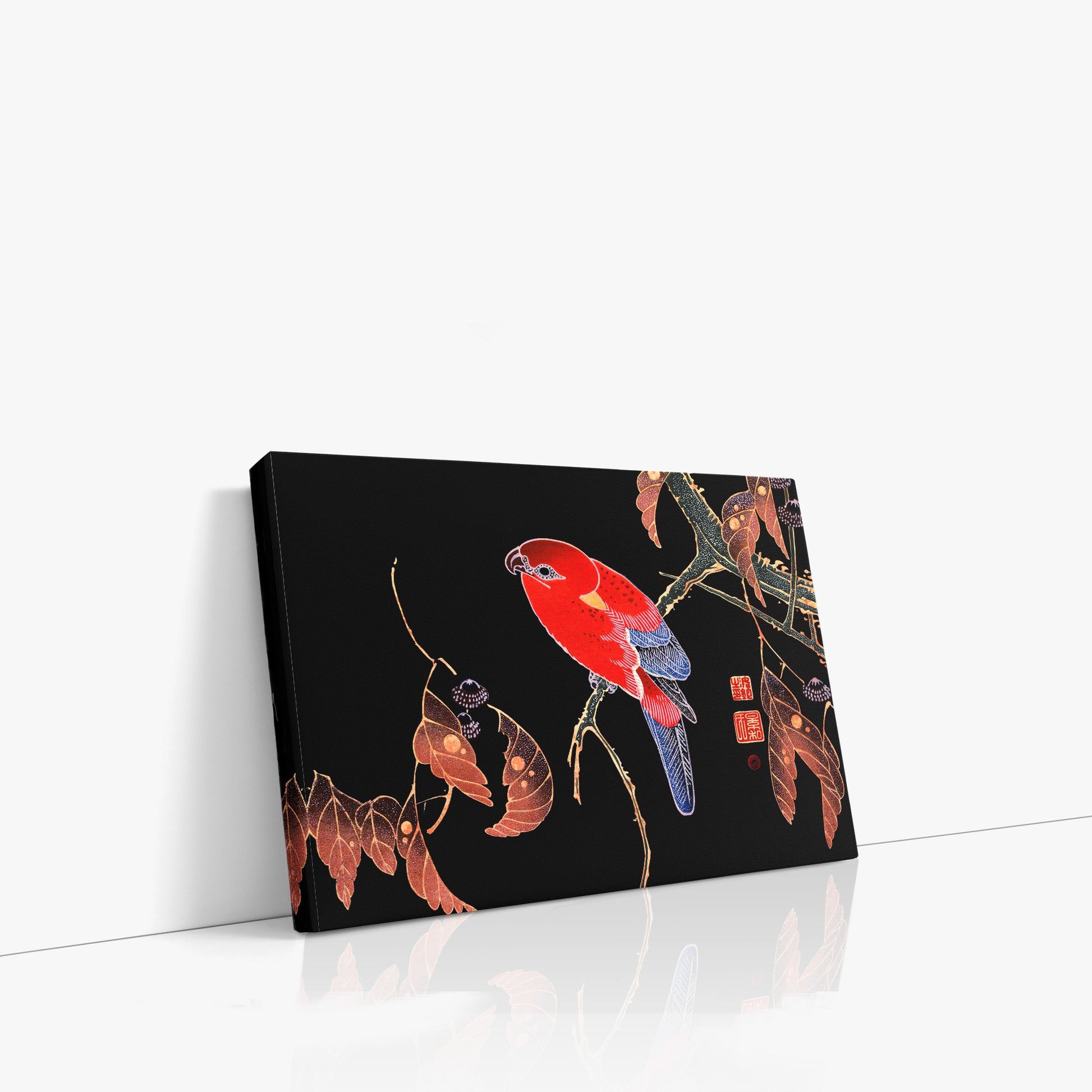 Ito Jakuchu: Red Parrot on the Branch of a Tree, 30x21cm Satin Canvas Art Reproduction Left Angle