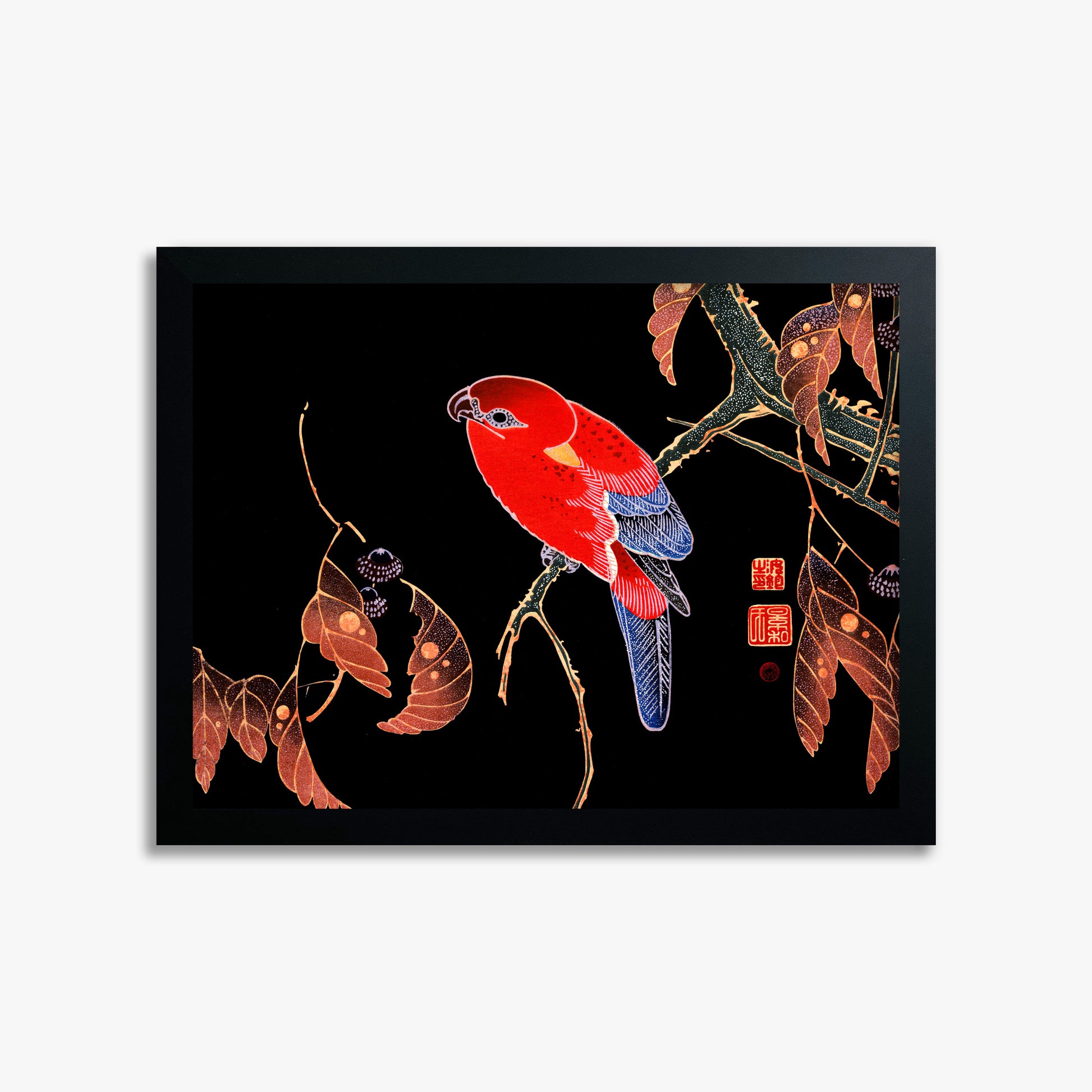 Ito Jakuchu: Red Parrot on the Branch of a Tree, 30x40cm Framed Art Reproduction With Black Frame