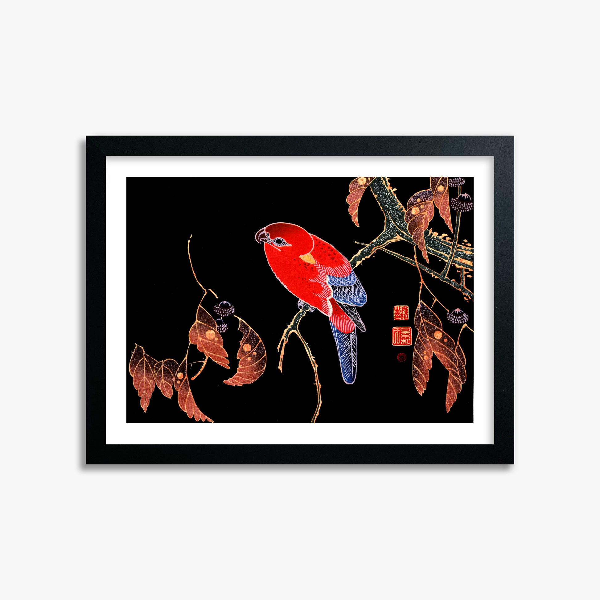 Ito Jakuchu: Red Parrot on the Branch of a Tree, 30x40cm Framed Art Reproduction With Black Frame
