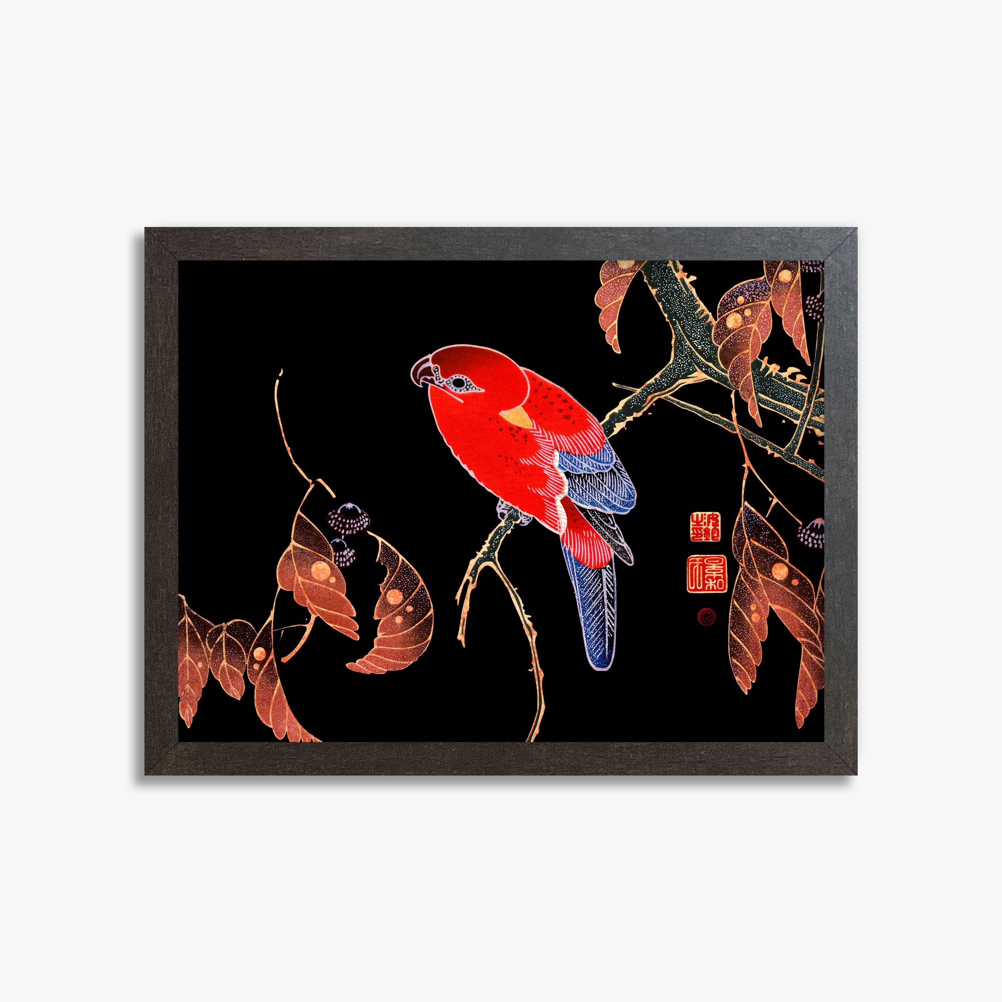 Ito Jakuchu: Red Parrot on the Branch of a Tree, 30x40cm Framed Art Reproduction With Espresso Frame