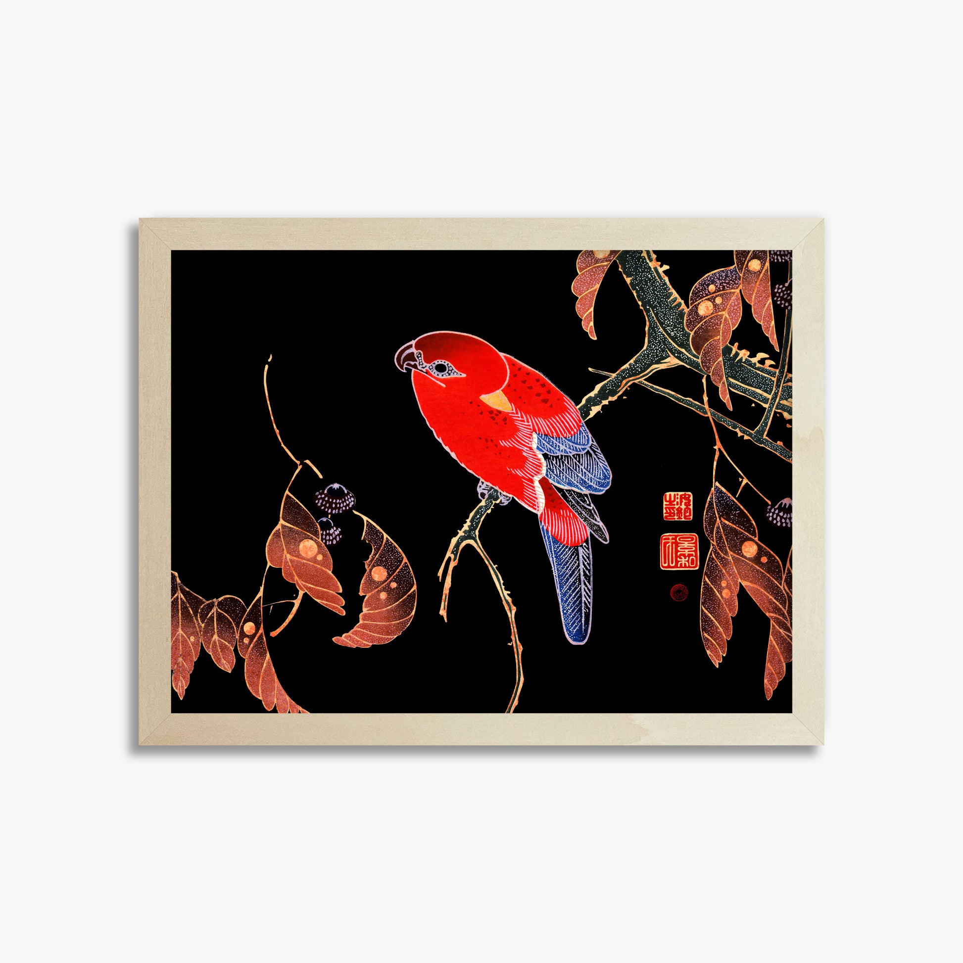 Ito Jakuchu: Red Parrot on the Branch of a Tree, 30x40cm Framed Art Reproduction With Lime Wood Frame