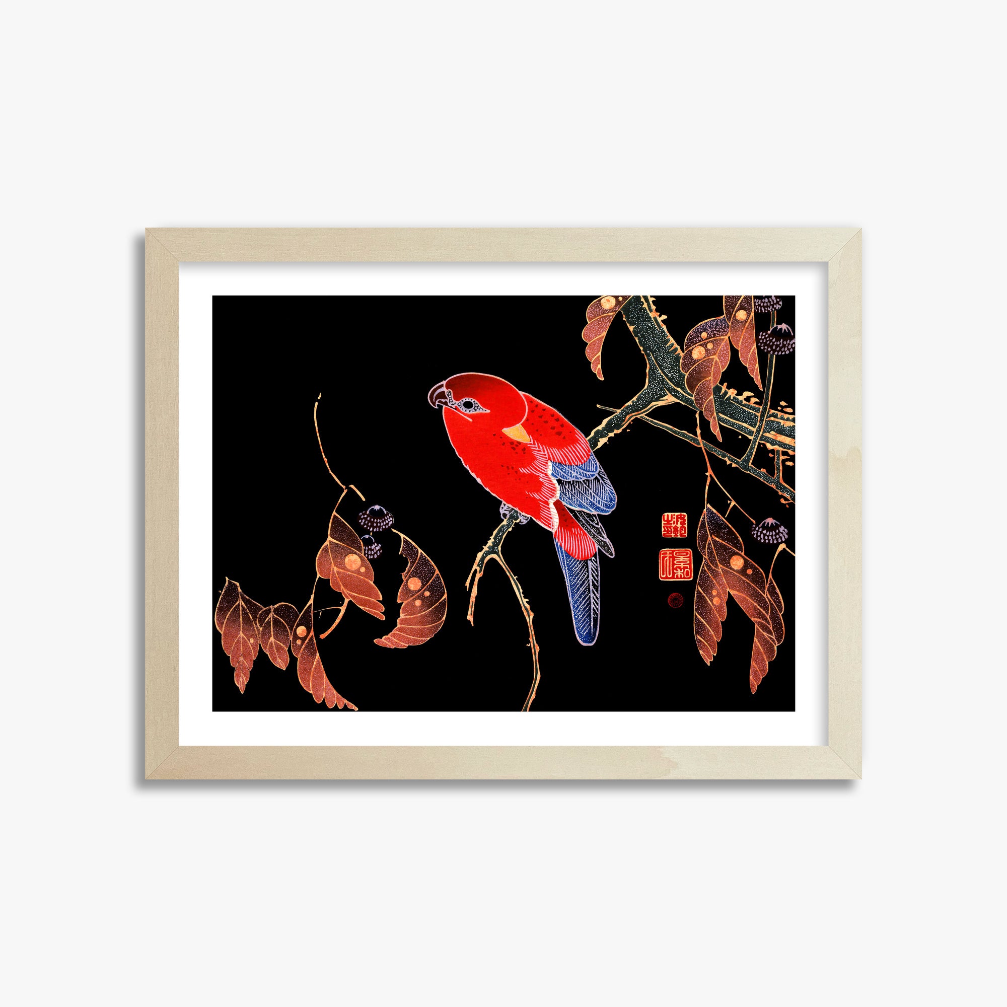 Ito Jakuchu: Red Parrot on the Branch of a Tree, 30x40cm Framed Art Reproduction With Lime Wood Frame