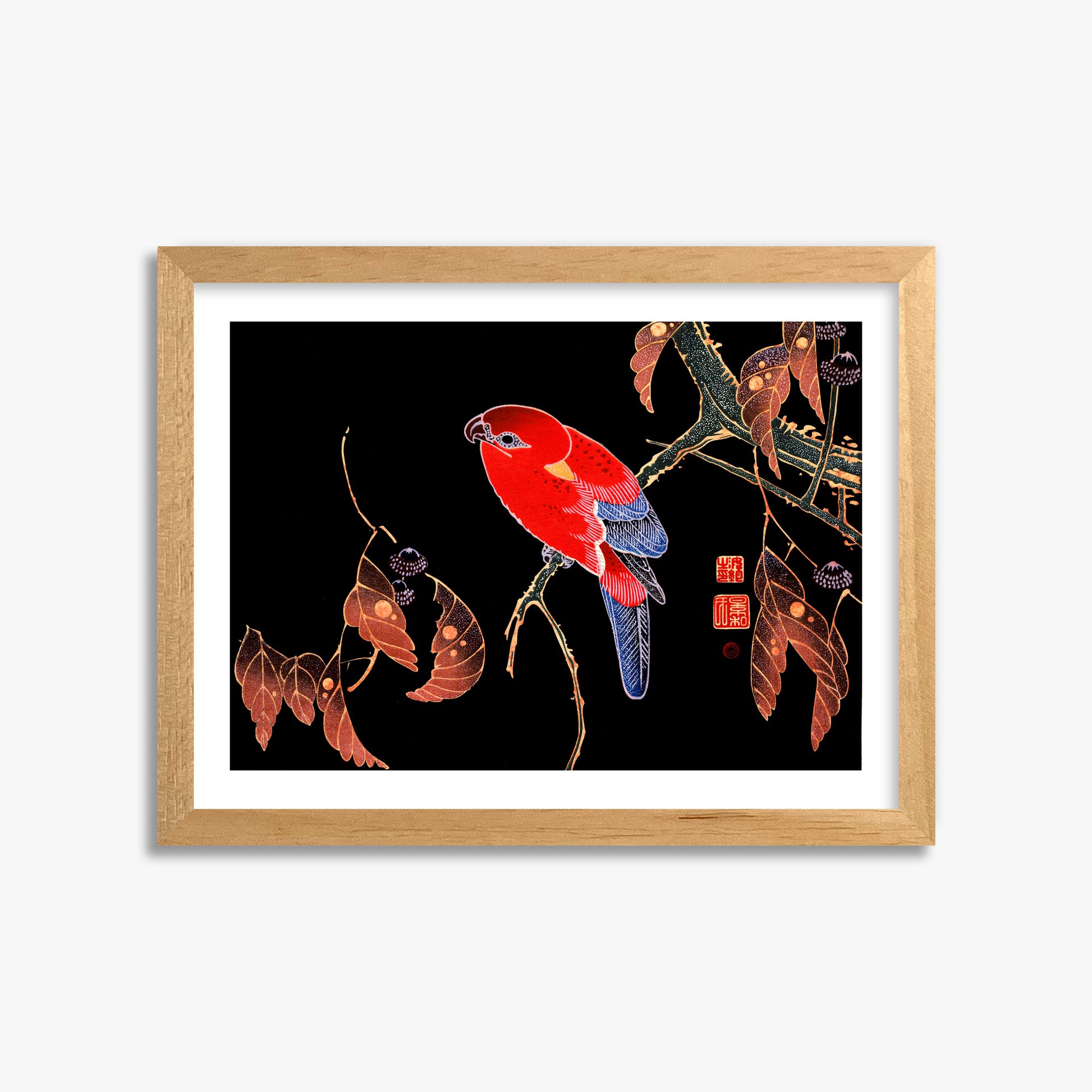 Ito Jakuchu: Red Parrot on the Branch of a Tree, 30x40cm Framed Art Reproduction With Oak Frame