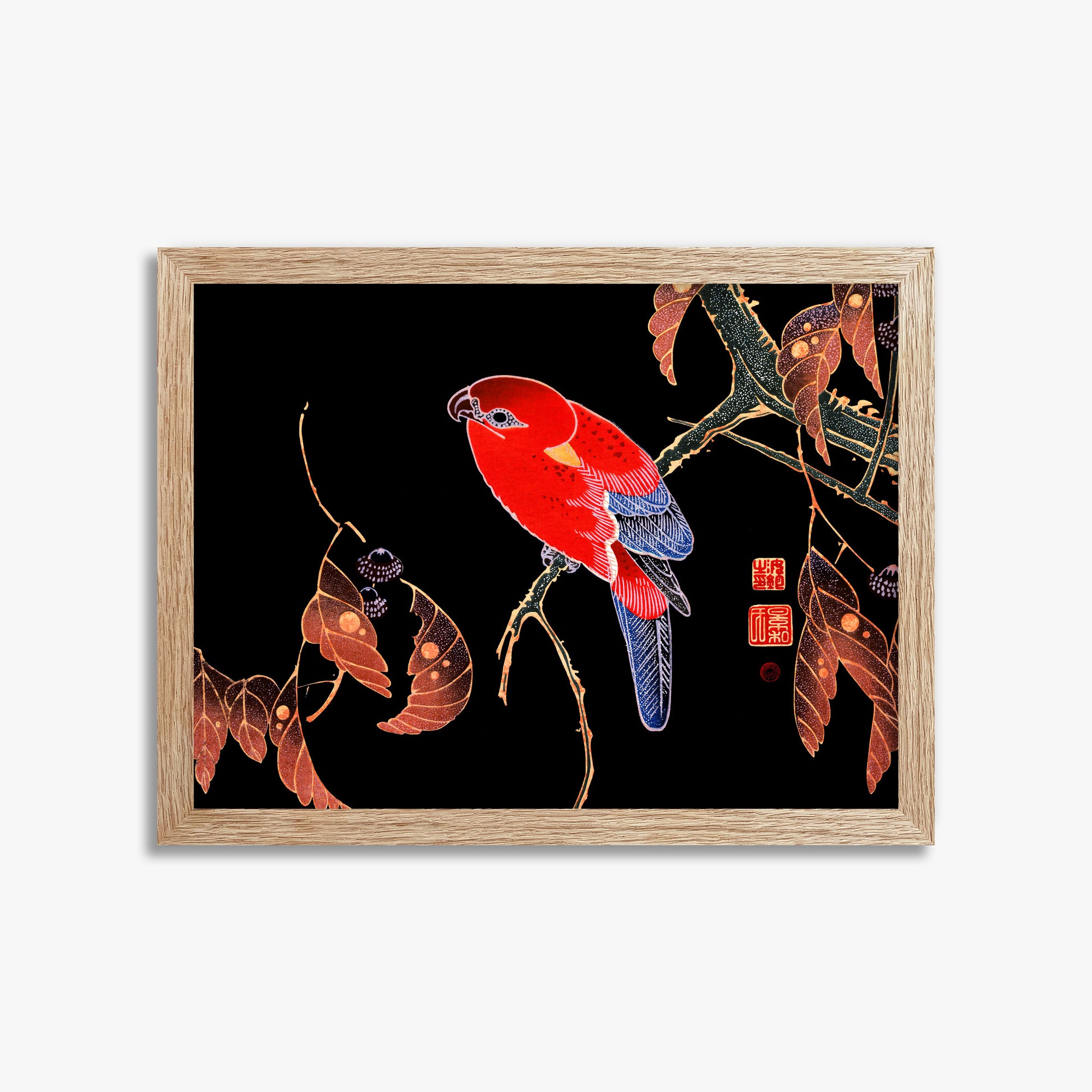 Ito Jakuchu: Red Parrot on the Branch of a Tree, 30x40cm Framed Art Reproduction With Raw Oak Frame