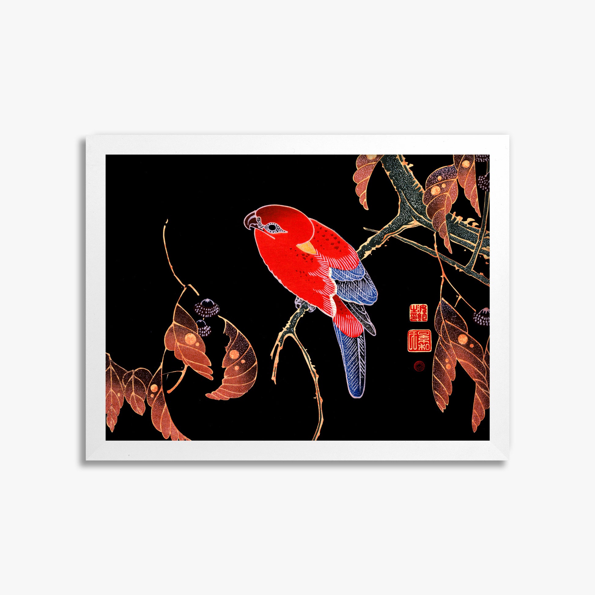 Ito Jakuchu: Red Parrot on the Branch of a Tree, 30x40cm Framed Art Reproduction With White Frame