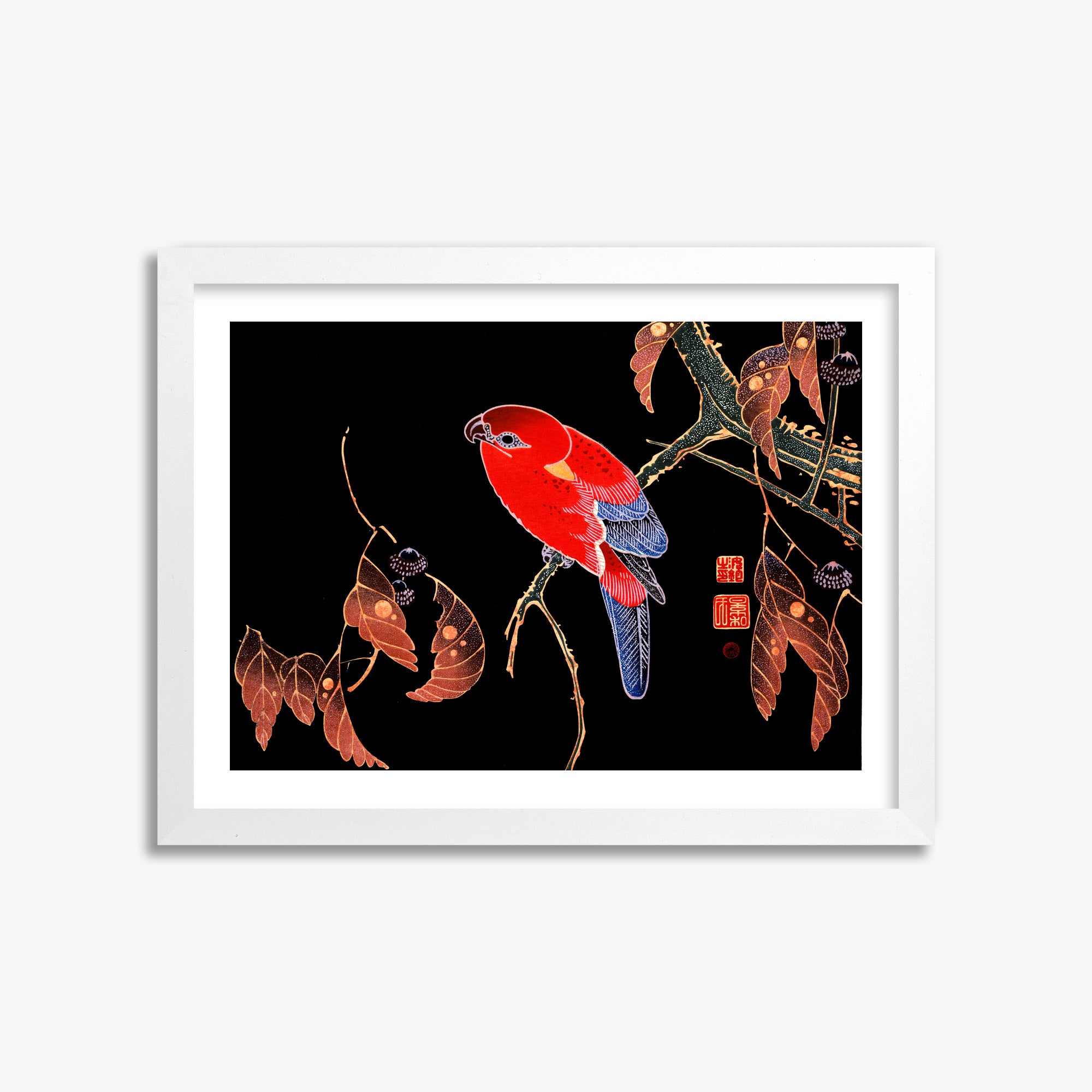 Ito Jakuchu: Red Parrot on the Branch of a Tree, 30x40cm Framed Art Reproduction With White Frame
