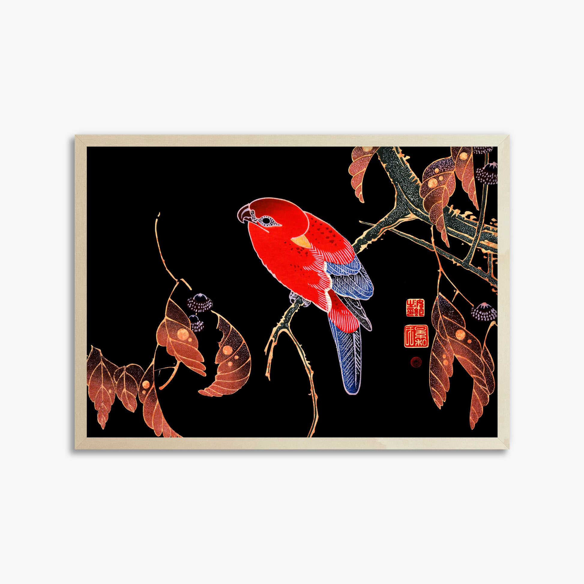 Ito Jakuchu: Red Parrot on the Branch of a Tree, 50x70cm Framed Art Reproduction With Lime Wood Frame
