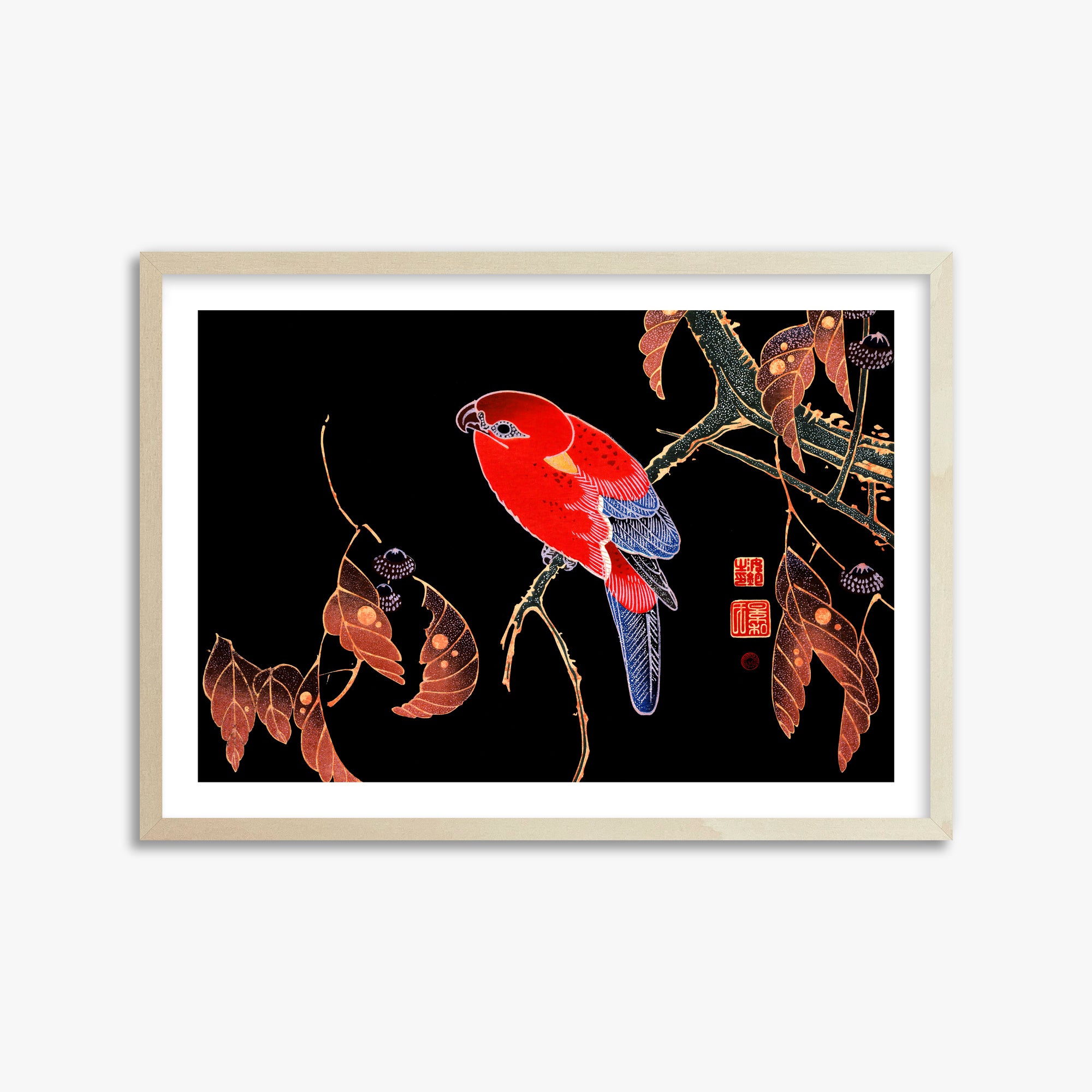Ito Jakuchu: Red Parrot on the Branch of a Tree, 50x70cm Framed Art Reproduction With Lime Wood Frame