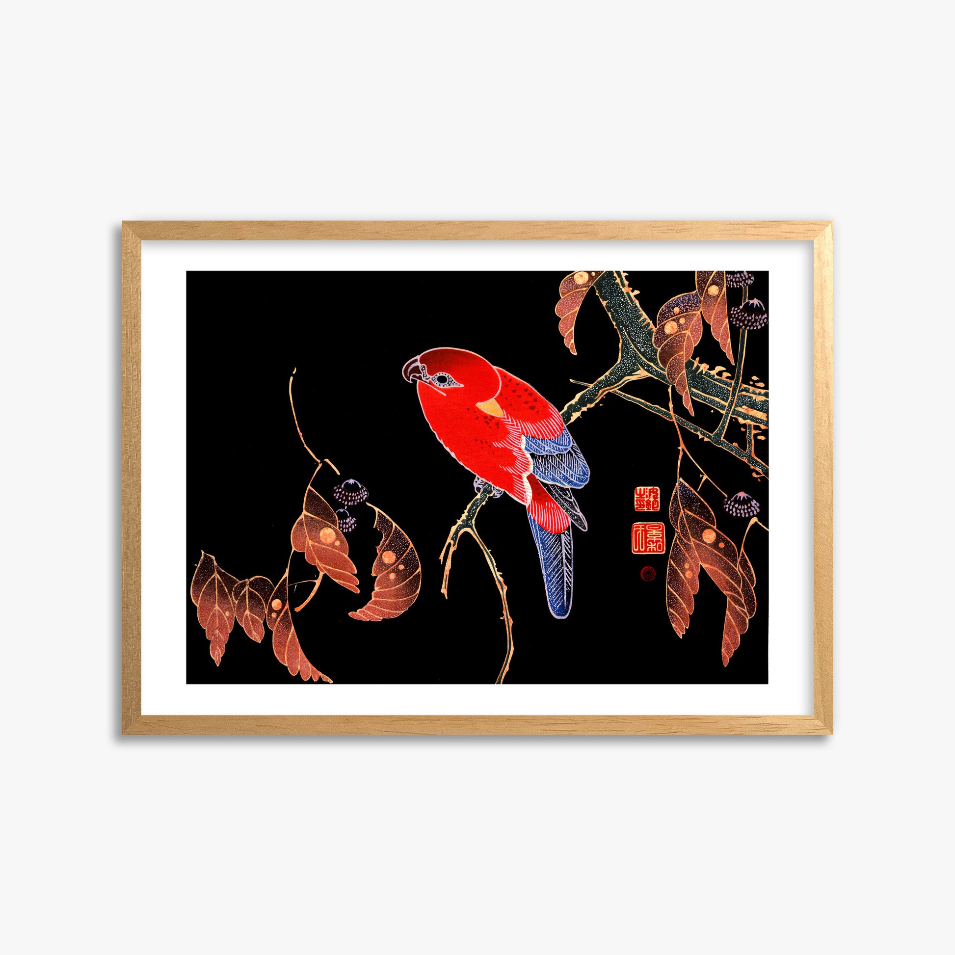Ito Jakuchu: Red Parrot on the Branch of a Tree, 50x70cm Framed Art Reproduction With Oak Frame