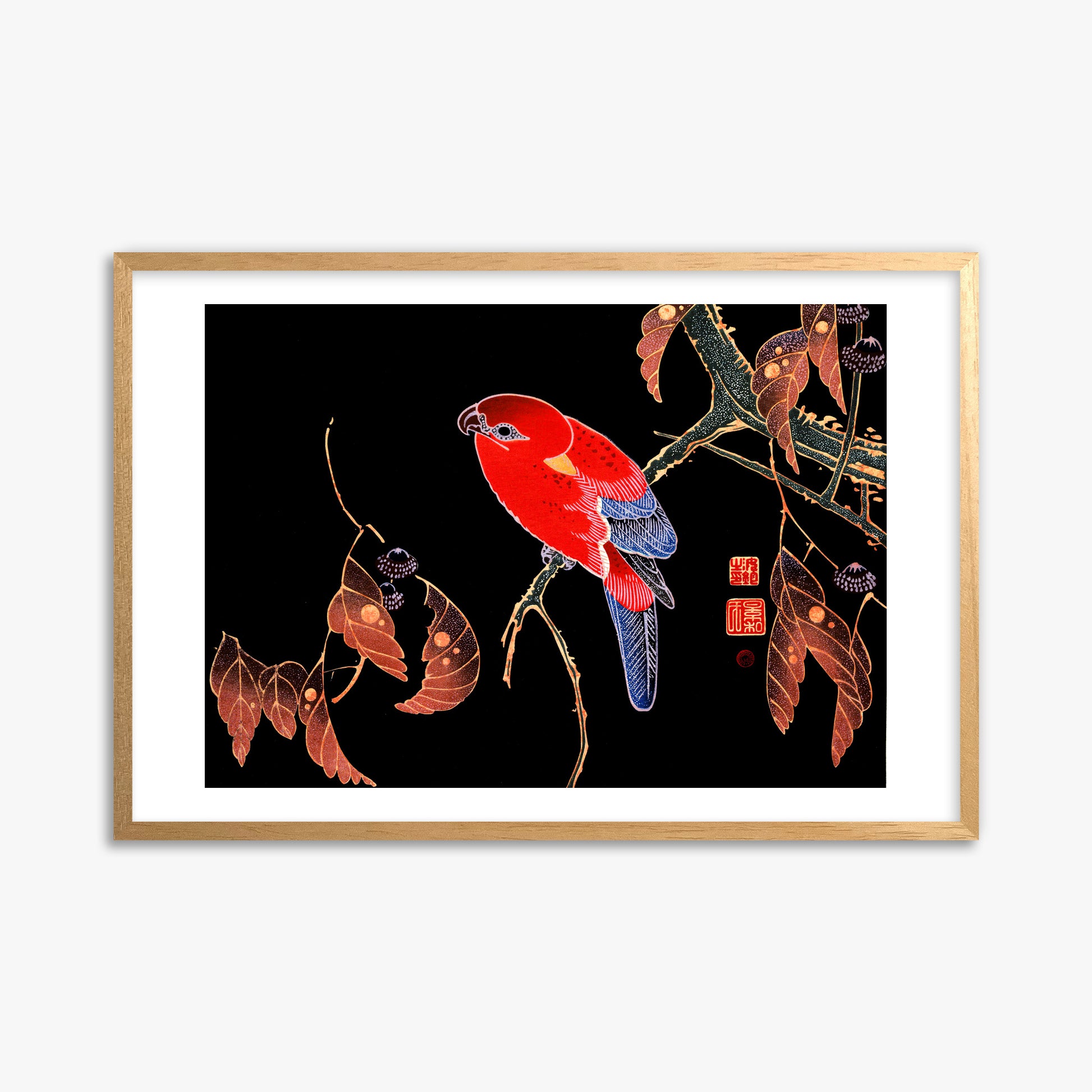 Ito Jakuchu: Red Parrot on the Branch of a Tree, 61x91cm Framed Art Reproduction With Oak Frame