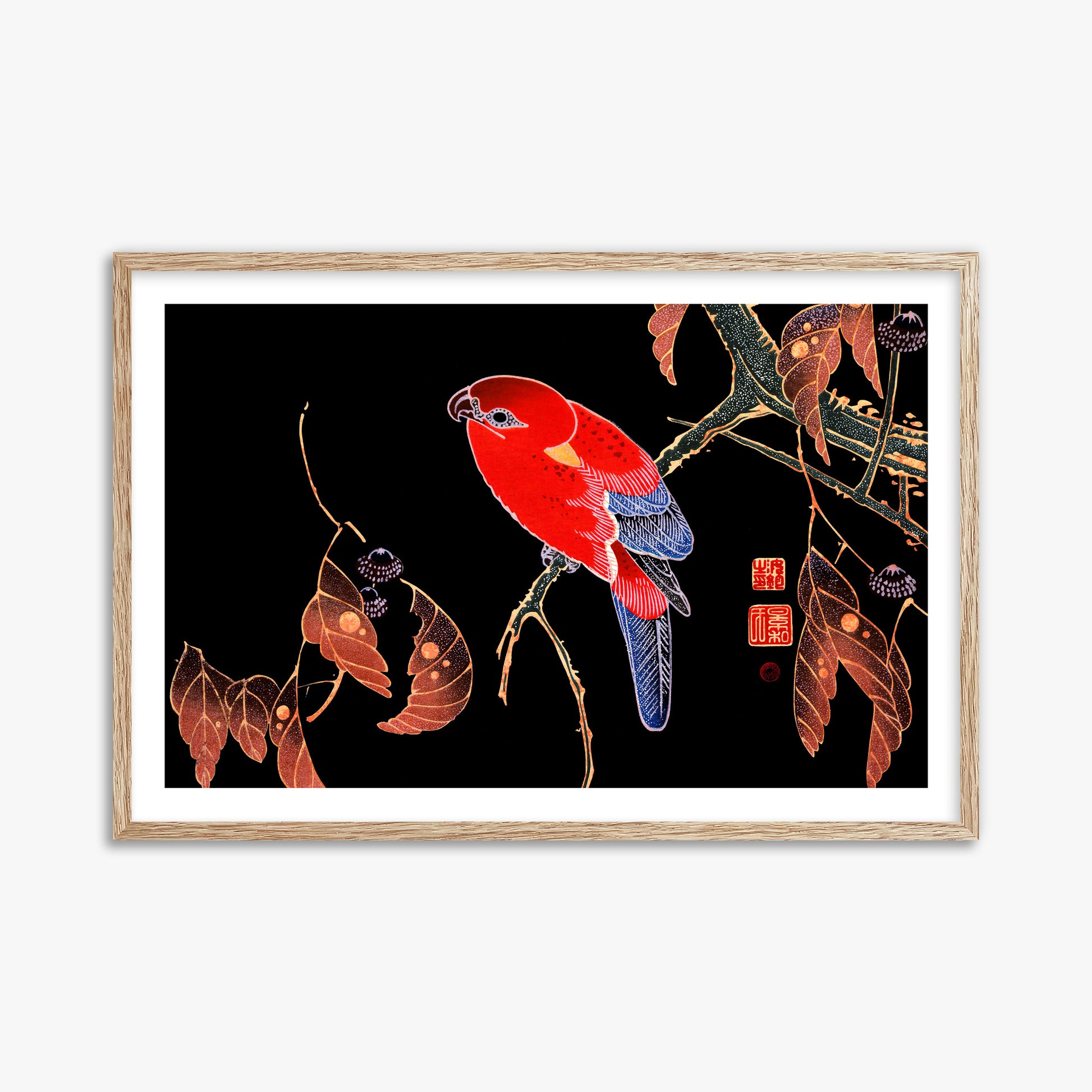 Ito Jakuchu: Red Parrot on the Branch of a Tree, 61x91cm Framed Art Reproduction With Raw Oak Frame