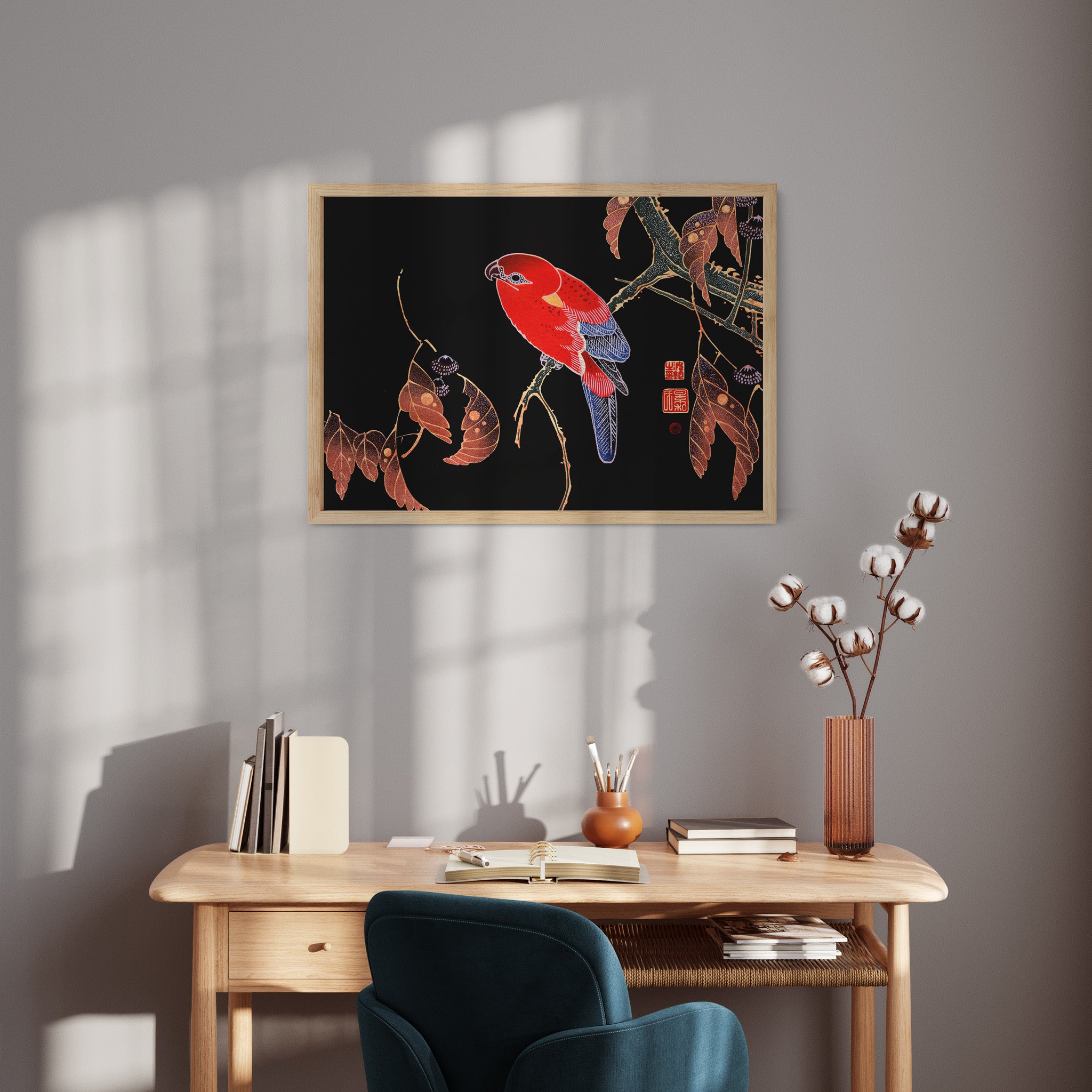 Design Concept No. 11 for Ito Jakuchu: Red Parrot on the Branch of a Tree Japanese Wall Art
