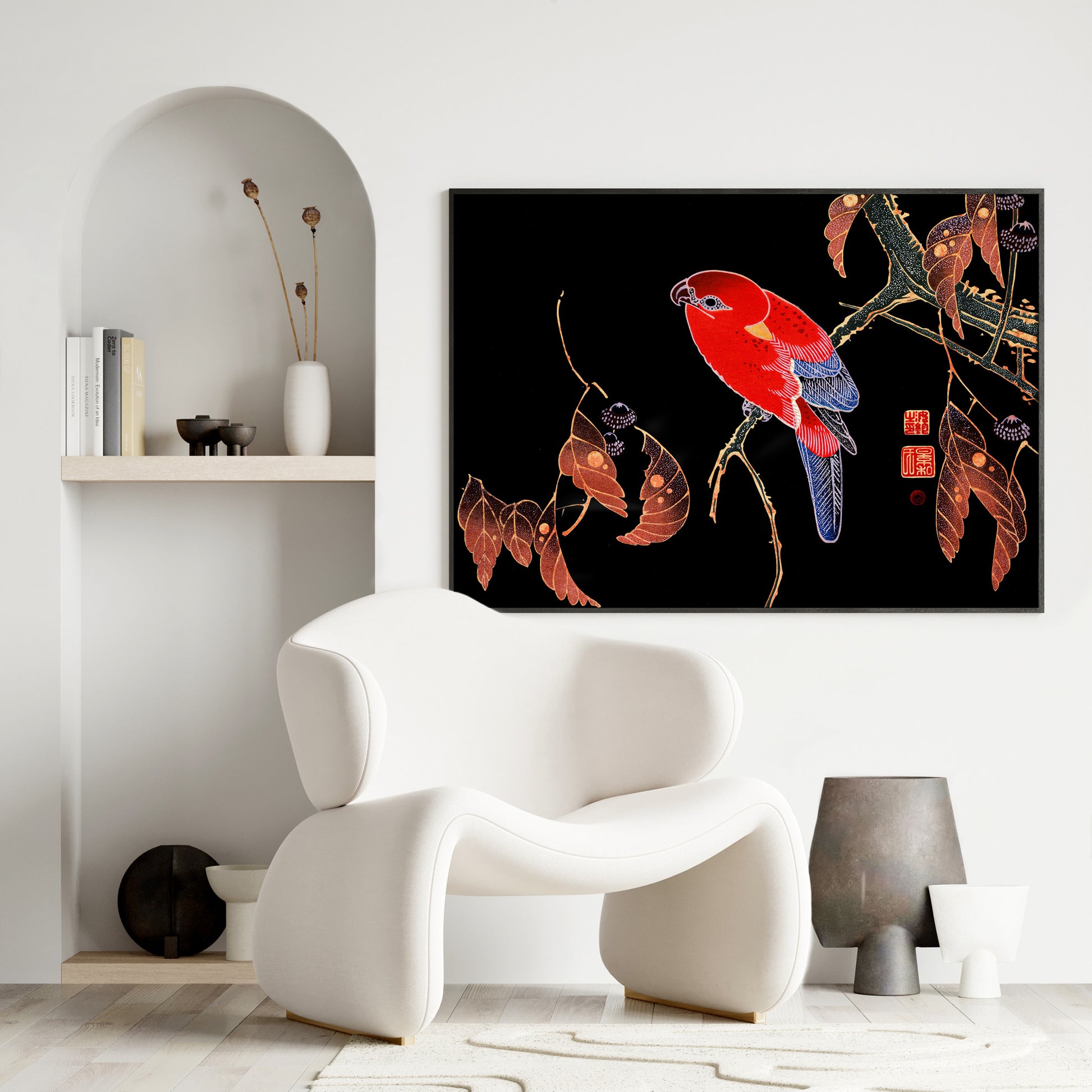 Design Concept No. 25 for Ito Jakuchu: Red Parrot on the Branch of a Tree Japanese Wall Art