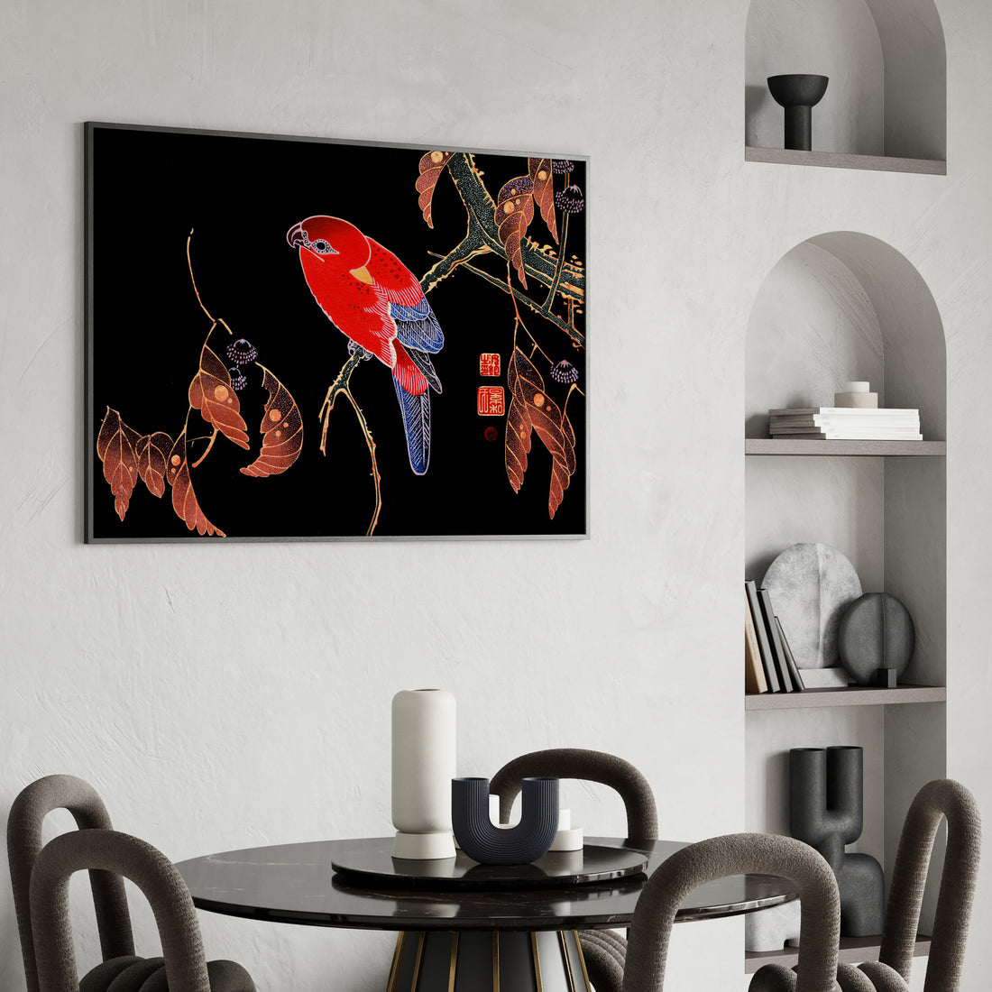 Ito Jakuchu: Red Parrot on the Branch of a Tree, 50x70cm Framed Art Reproduction With Black Frame