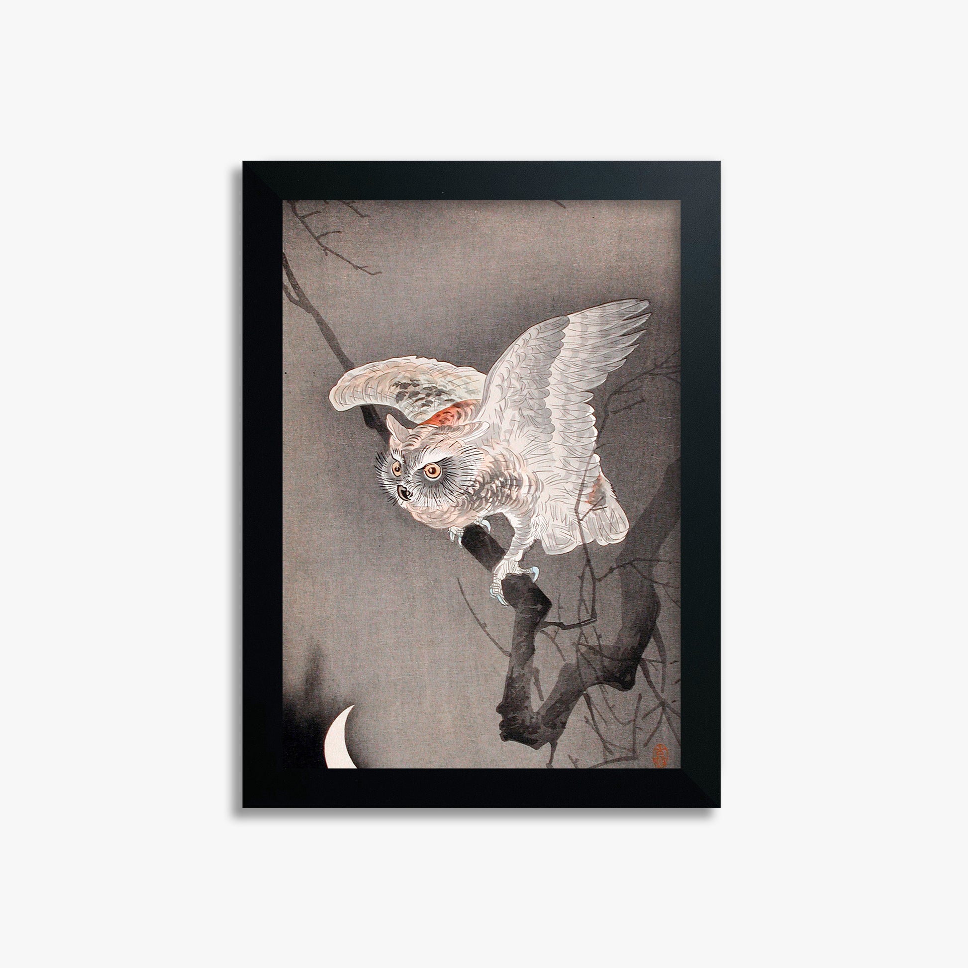 Ohara Koson: Scops Owl in Moonlight, 21x30cm Framed Art Reproduction With Black Frame