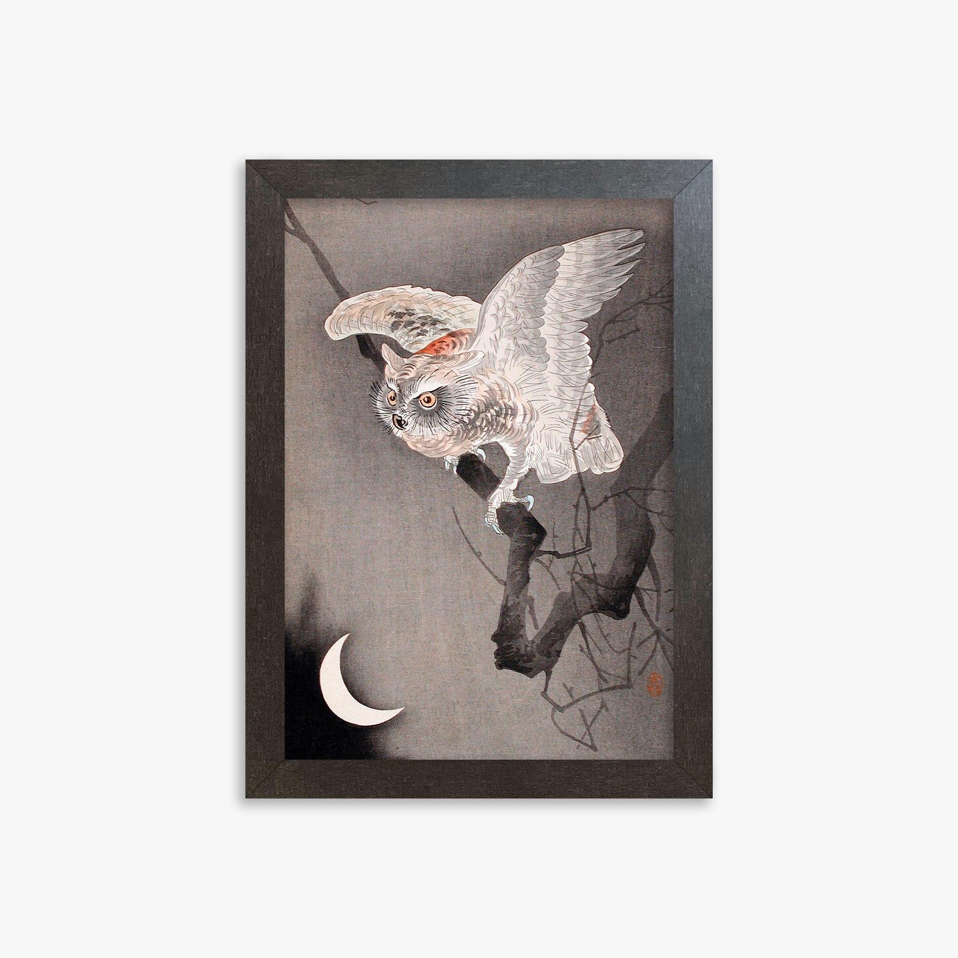 Ohara Koson: Scops Owl in Moonlight, 21x30cm Framed Art Reproduction With Espresso Frame