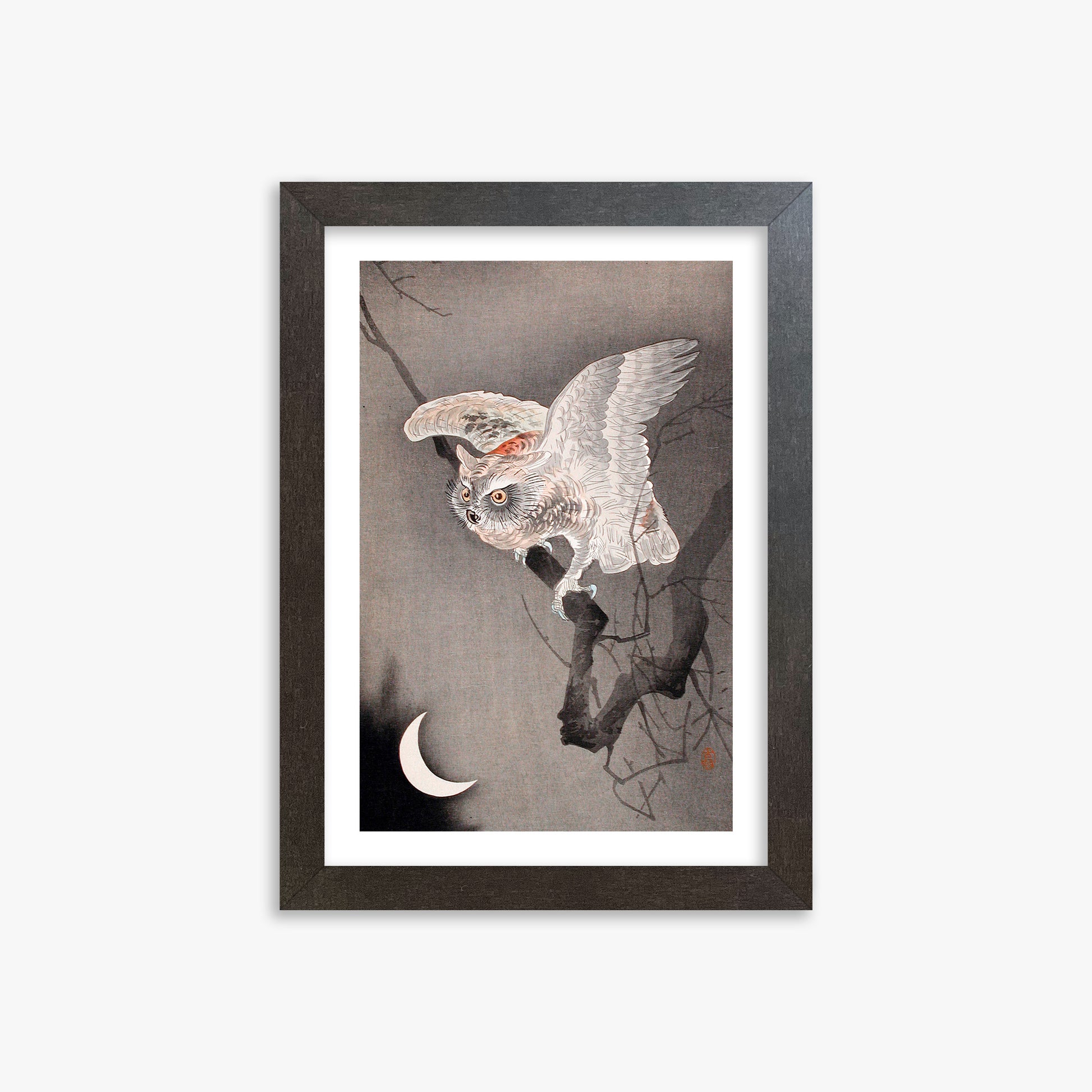 Ohara Koson: Scops Owl in Moonlight, 21x30cm Framed Art Reproduction With Espresso Frame