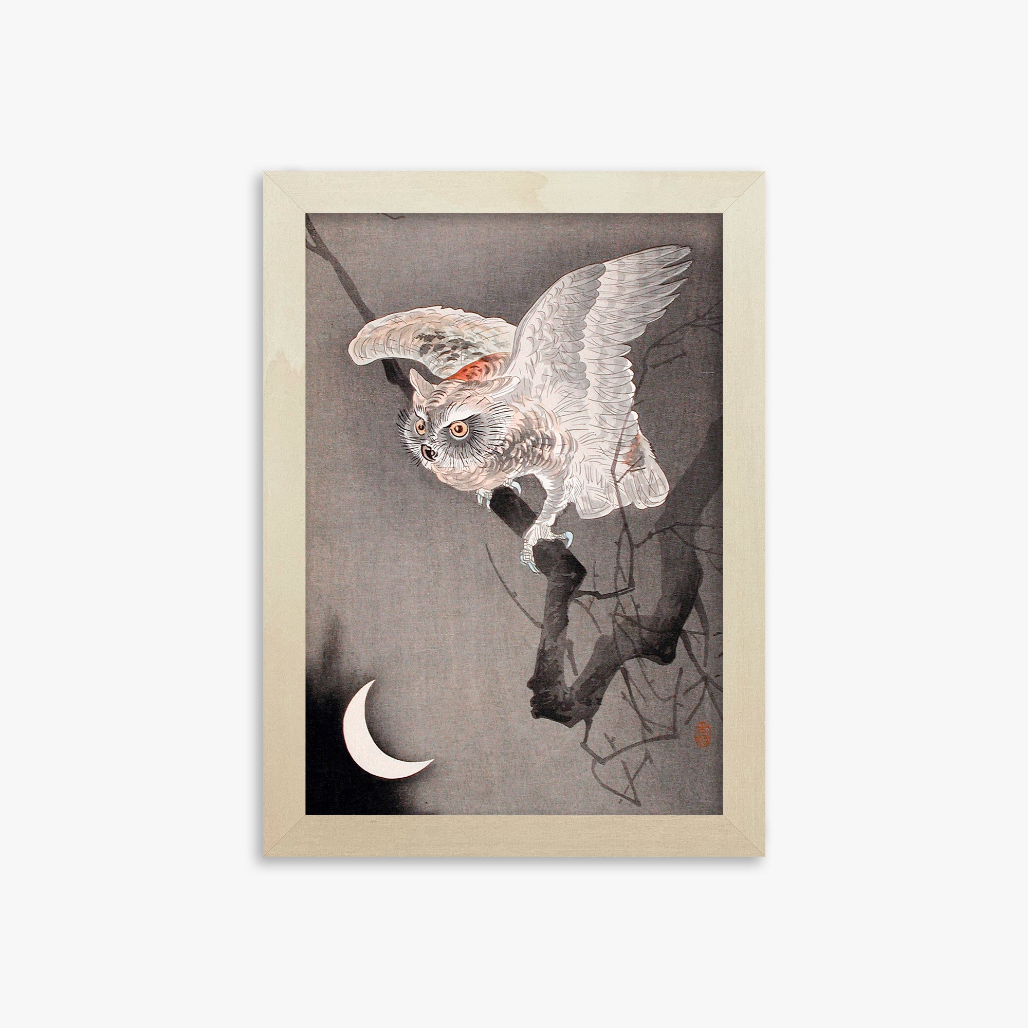 Ohara Koson: Scops Owl in Moonlight, 21x30cm Framed Art Reproduction With Lime Wood Frame