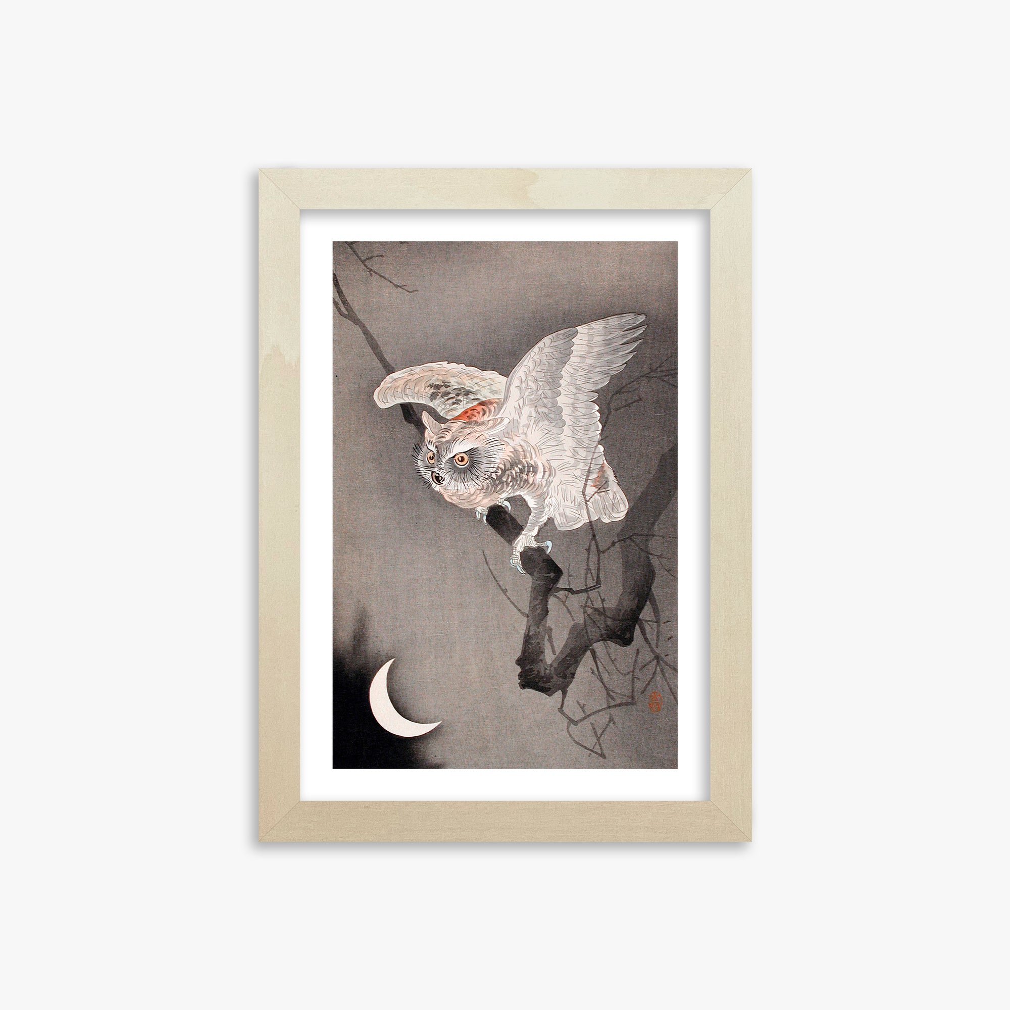 Ohara Koson: Scops Owl in Moonlight, 21x30cm Framed Art Reproduction With Lime Wood Frame