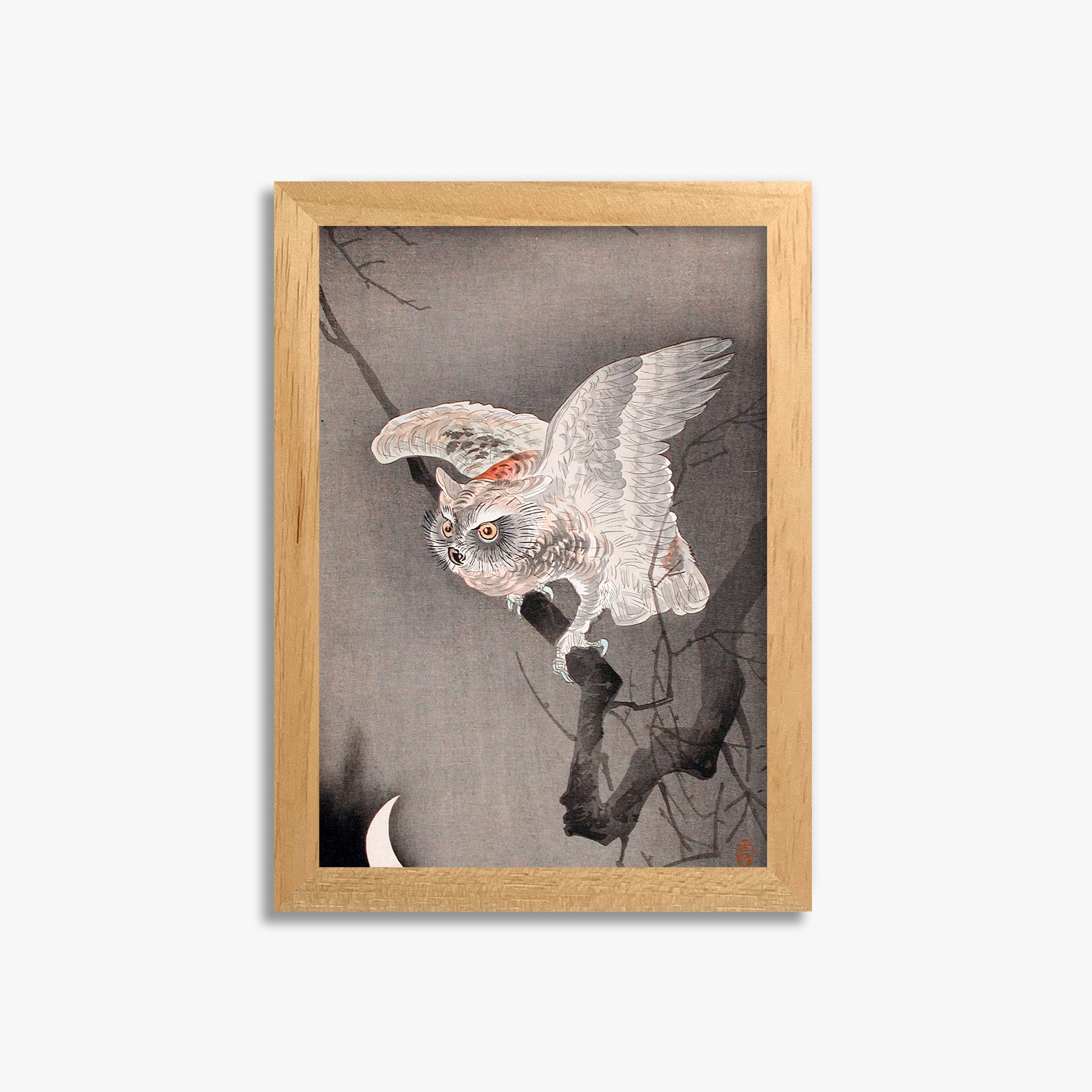 Ohara Koson: Scops Owl in Moonlight, 21x30cm Framed Art Reproduction With Oak Frame