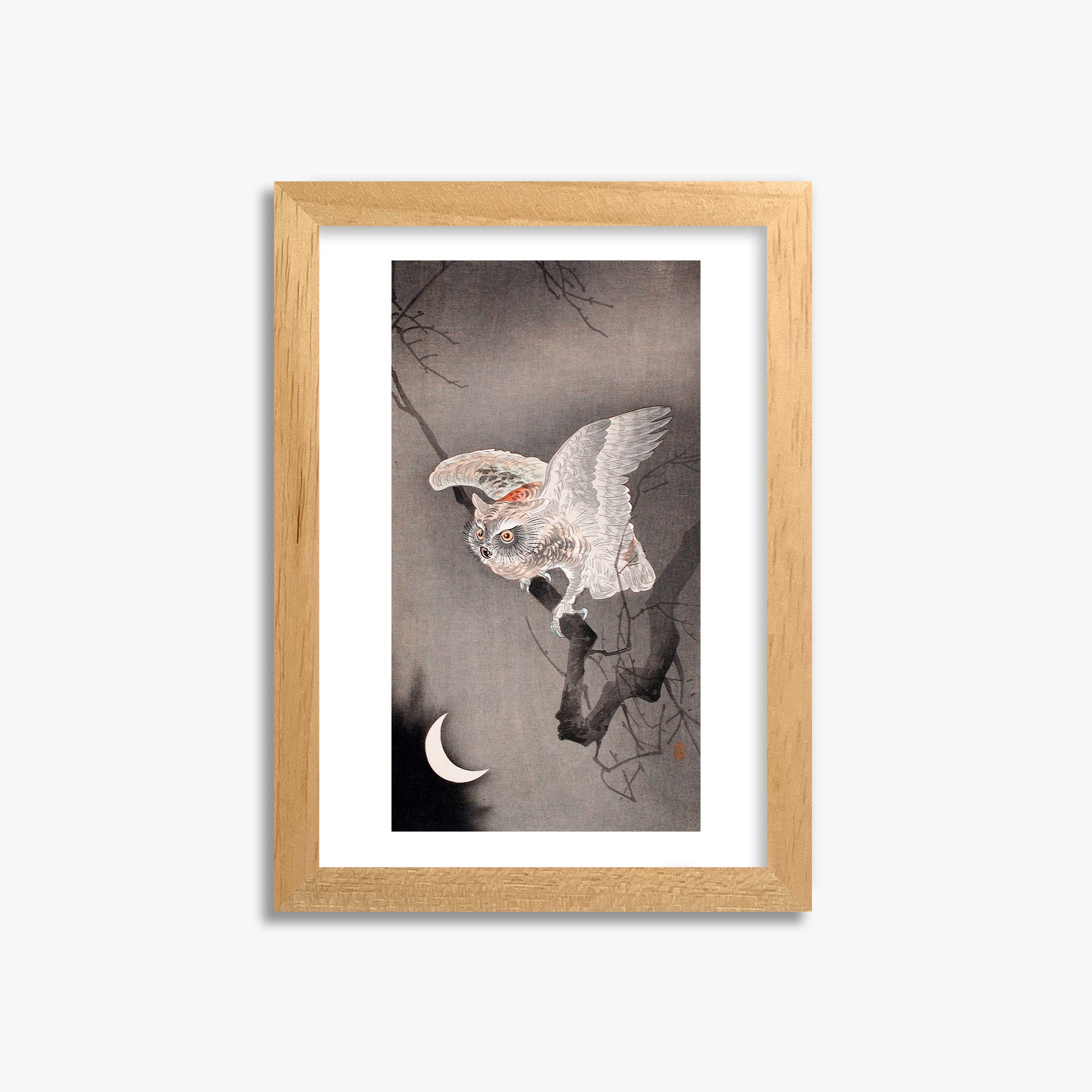 Ohara Koson: Scops Owl in Moonlight, 21x30cm Framed Art Reproduction With Oak Frame