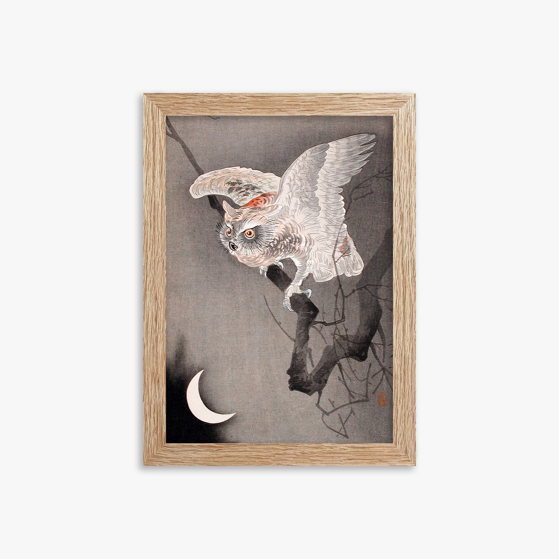 Ohara Koson: Scops Owl in Moonlight, 21x30cm Framed Art Reproduction With Raw Oak Frame