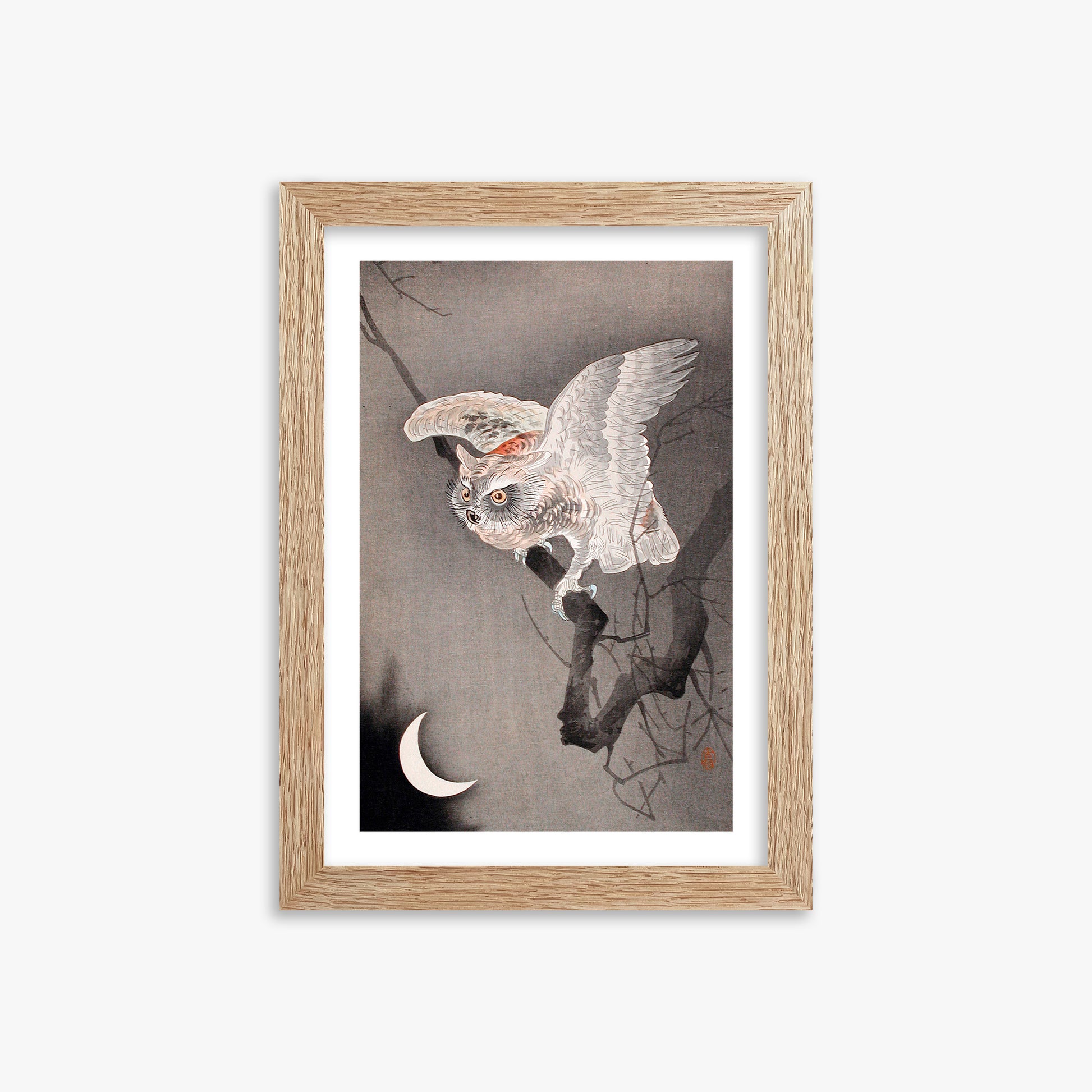 Ohara Koson: Scops Owl in Moonlight, 21x30cm Framed Art Reproduction With Raw Oak Frame