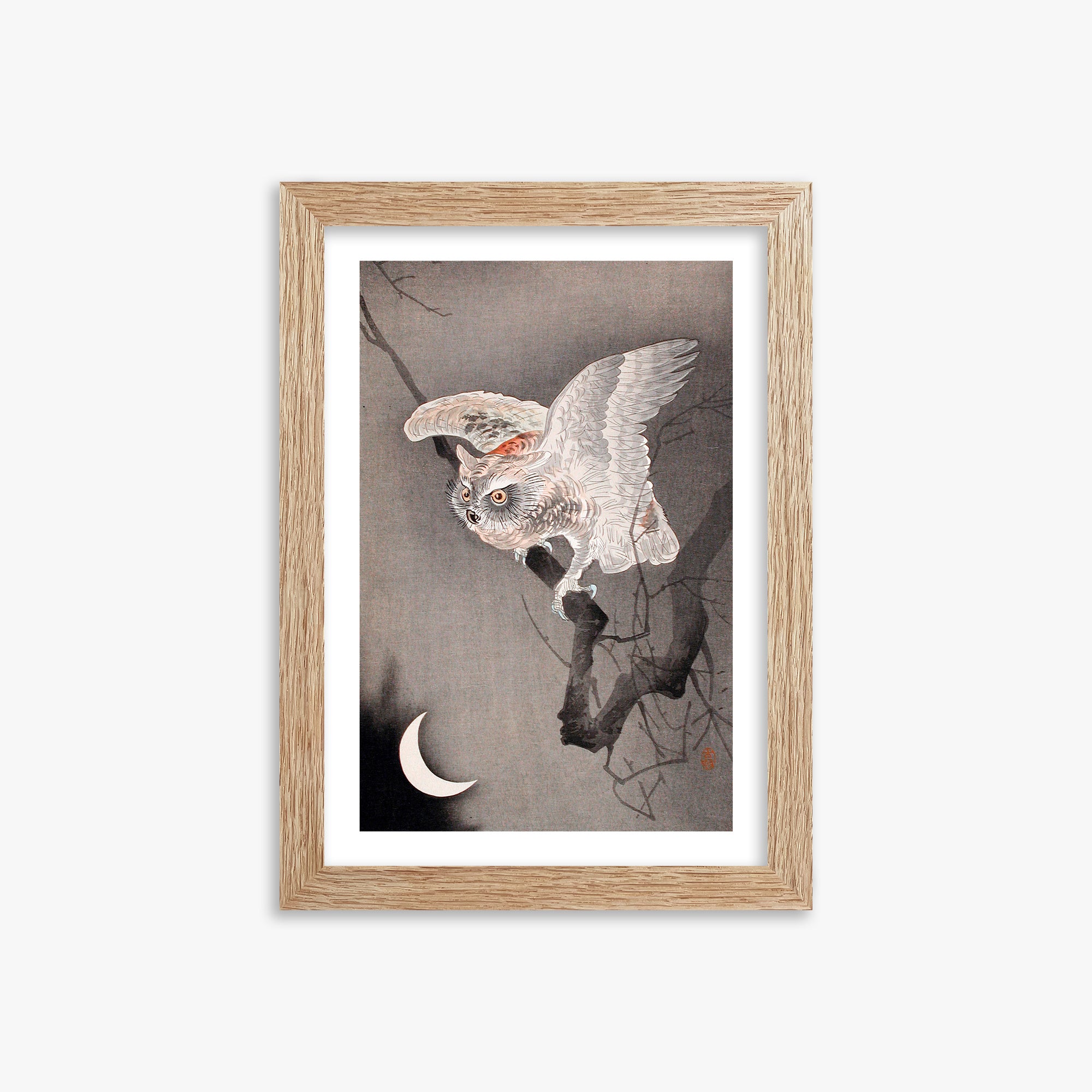 Ohara Koson: Scops Owl in Moonlight, 21x30cm Framed Art Reproduction With Raw Oak Frame