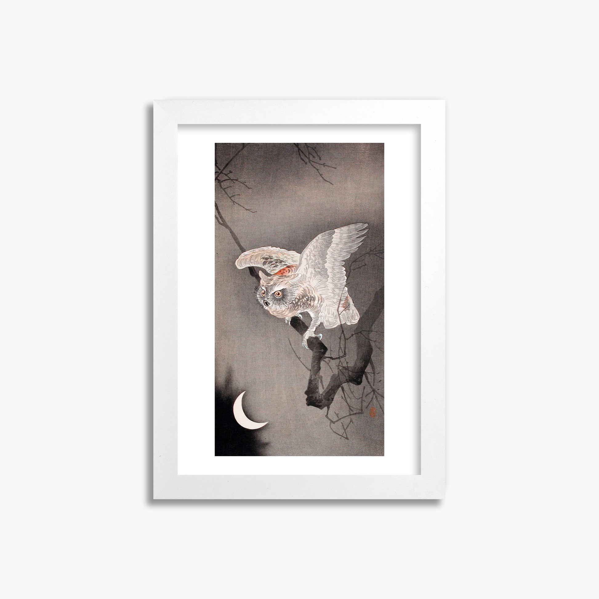 Ohara Koson: Scops Owl in Moonlight, 21x30cm Framed Art Reproduction With White Frame