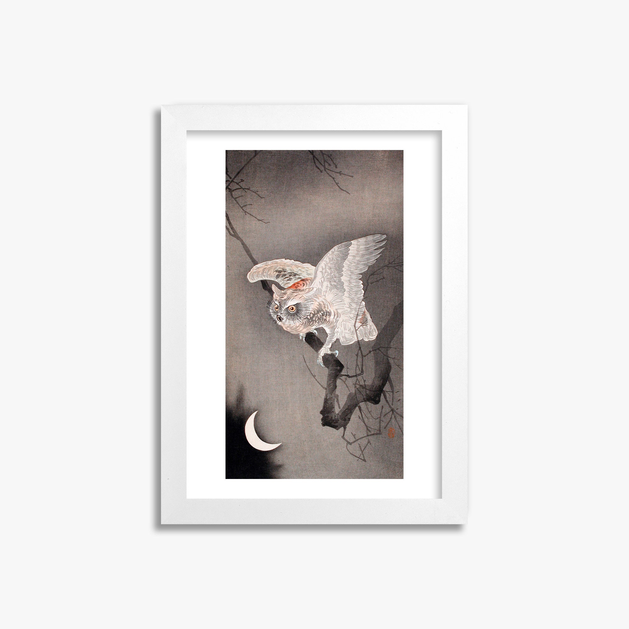 Ohara Koson: Scops Owl in Moonlight, 21x30cm Framed Art Reproduction With White Frame