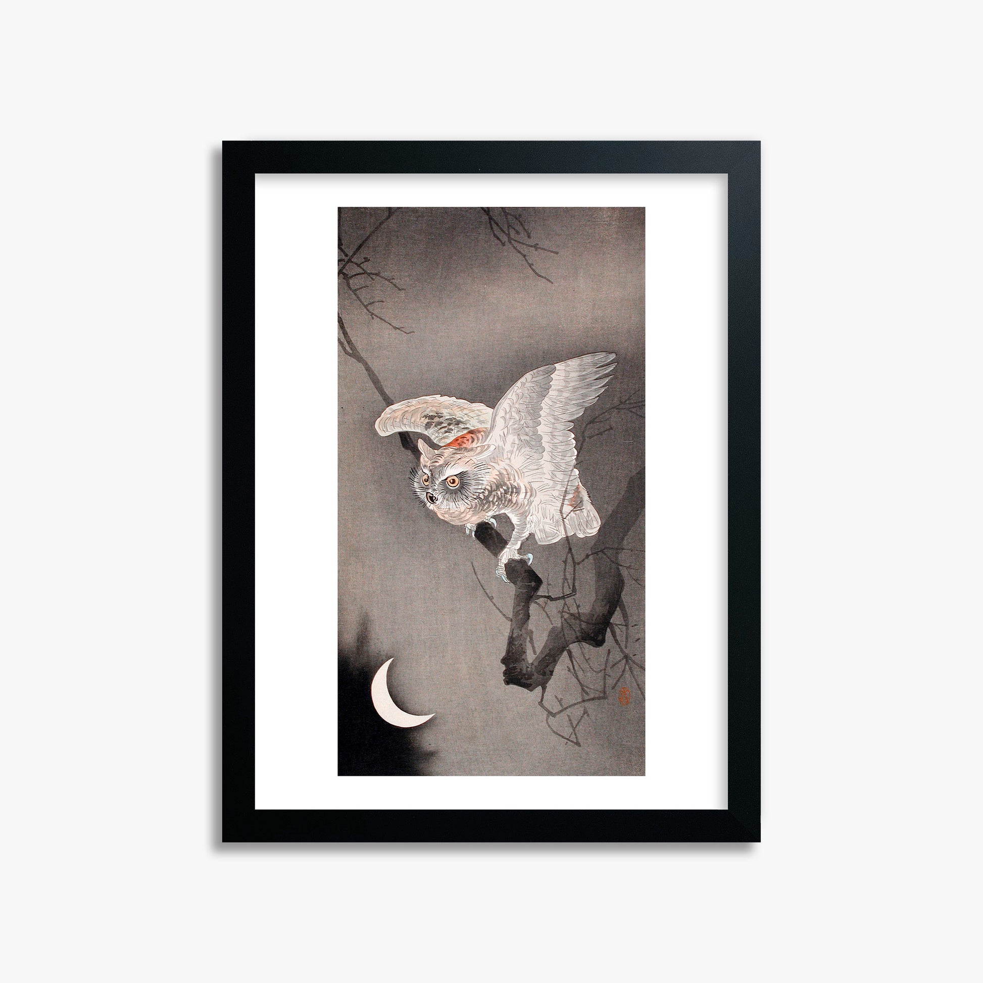 Ohara Koson: Scops Owl in Moonlight, 30x40cm Framed Art Reproduction With Black Frame