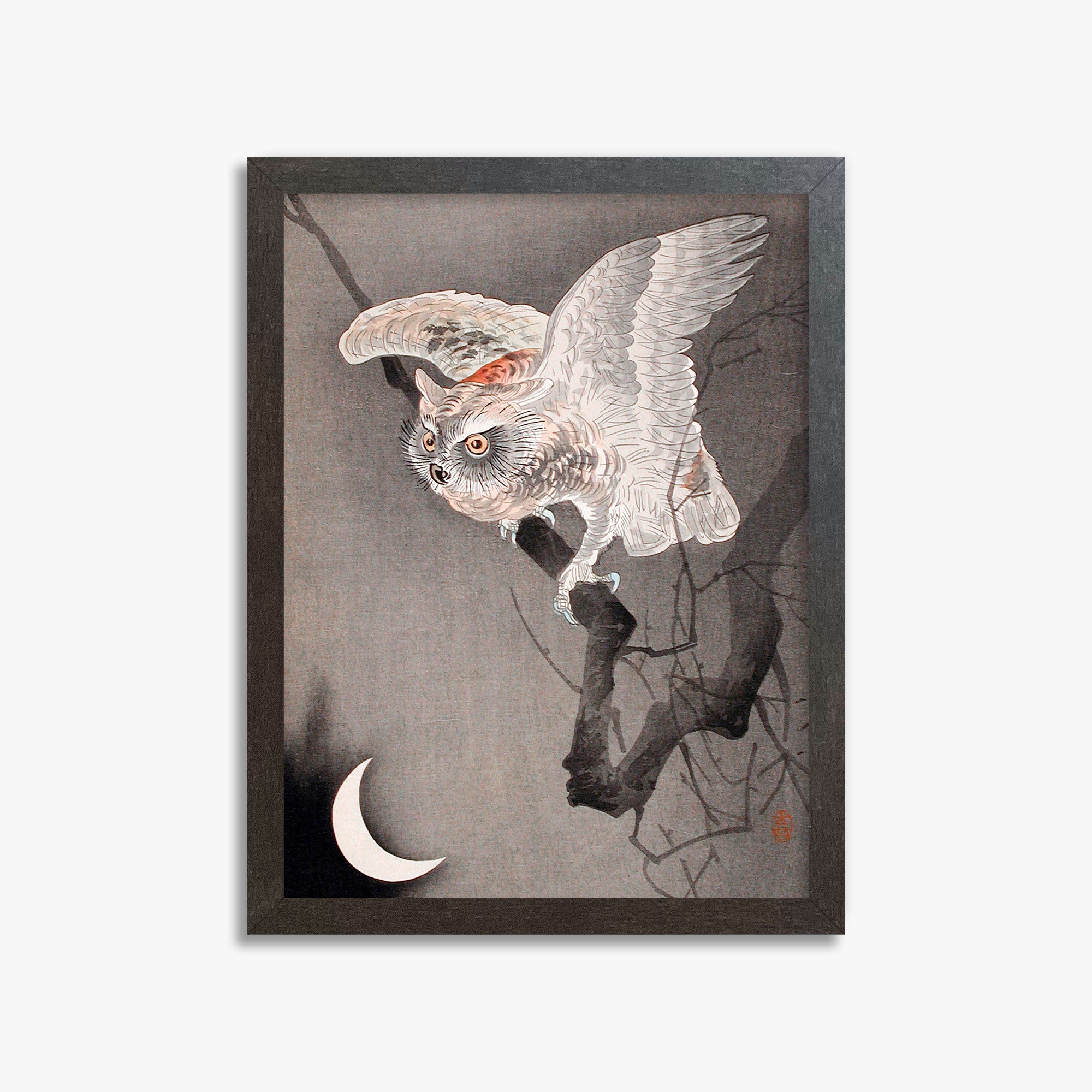Ohara Koson: Scops Owl in Moonlight, 30x40cm Framed Art Reproduction With Espresso Frame