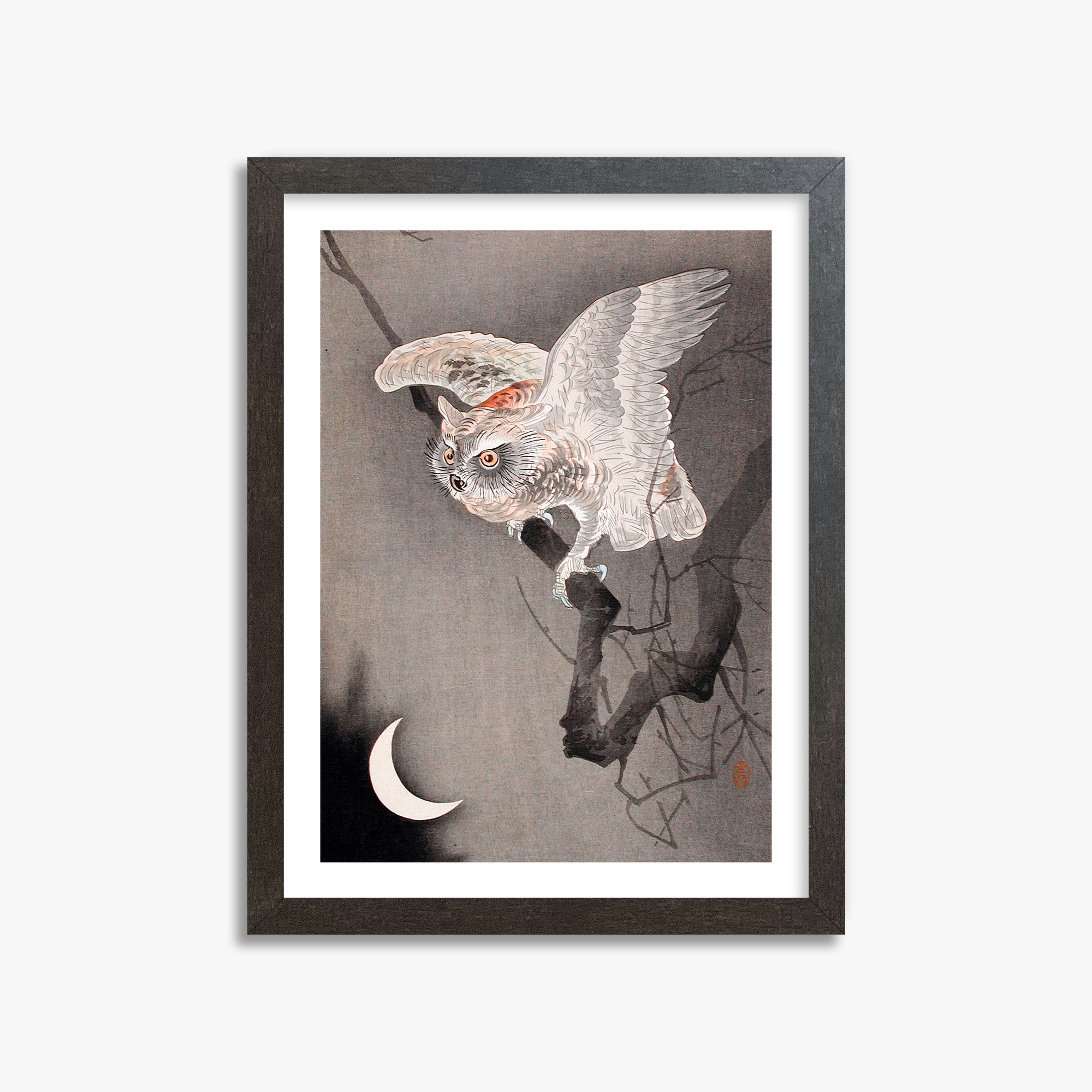 Ohara Koson: Scops Owl in Moonlight, 30x40cm Framed Art Reproduction With Espresso Frame