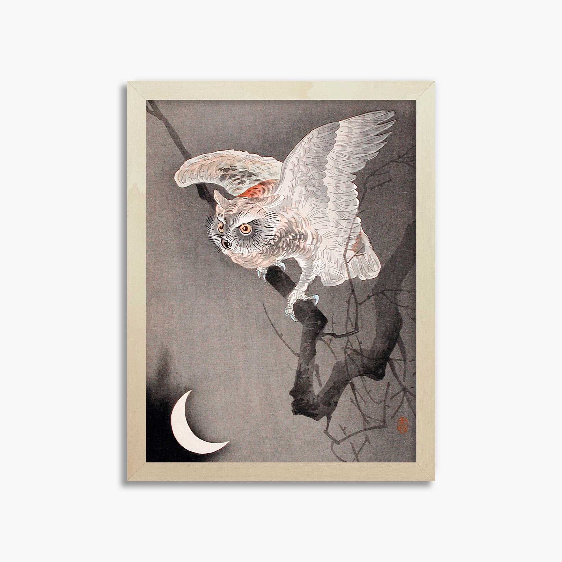 Ohara Koson: Scops Owl in Moonlight, 30x40cm Framed Art Reproduction With Lime Wood Frame