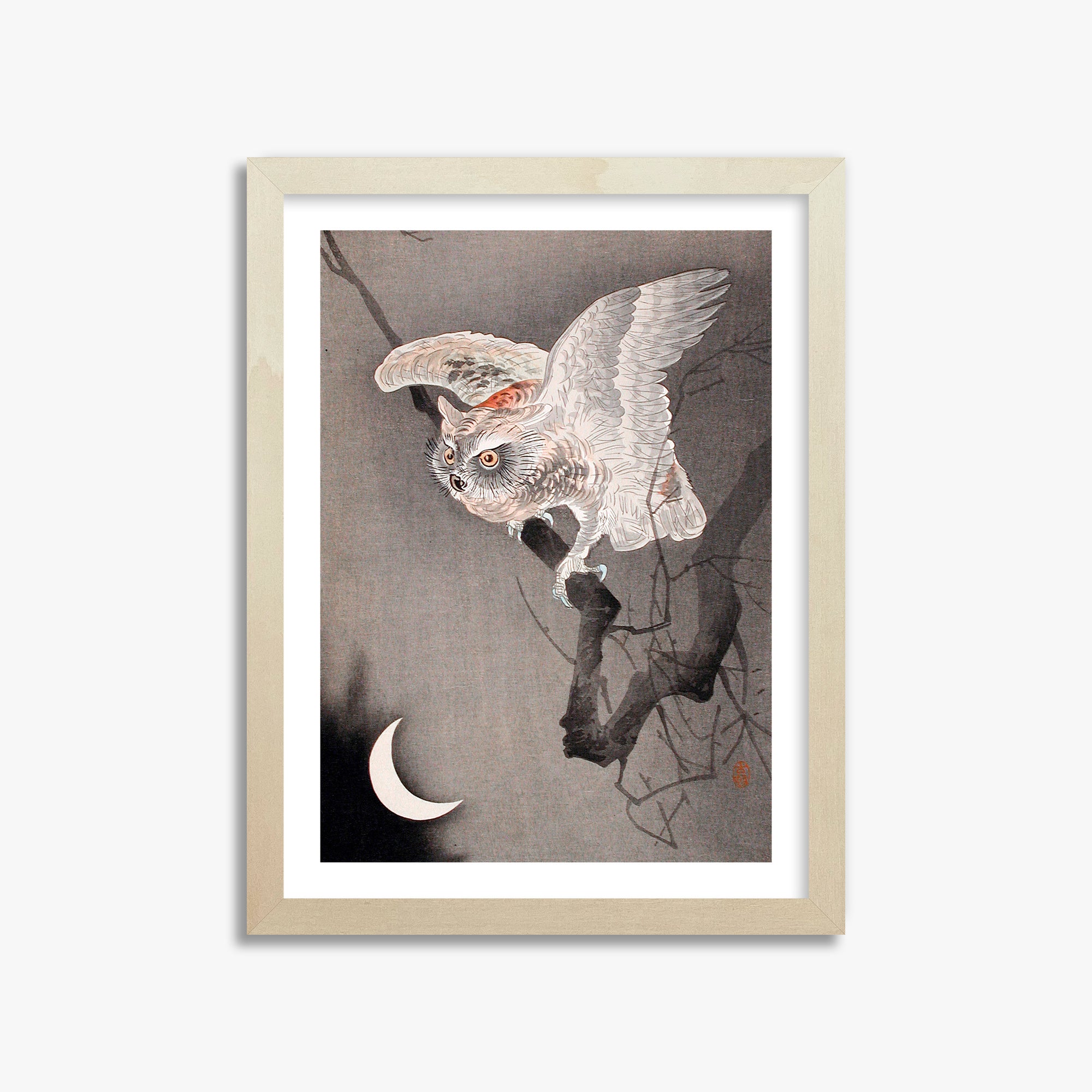 Ohara Koson: Scops Owl in Moonlight, 30x40cm Framed Art Reproduction With Lime Wood Frame