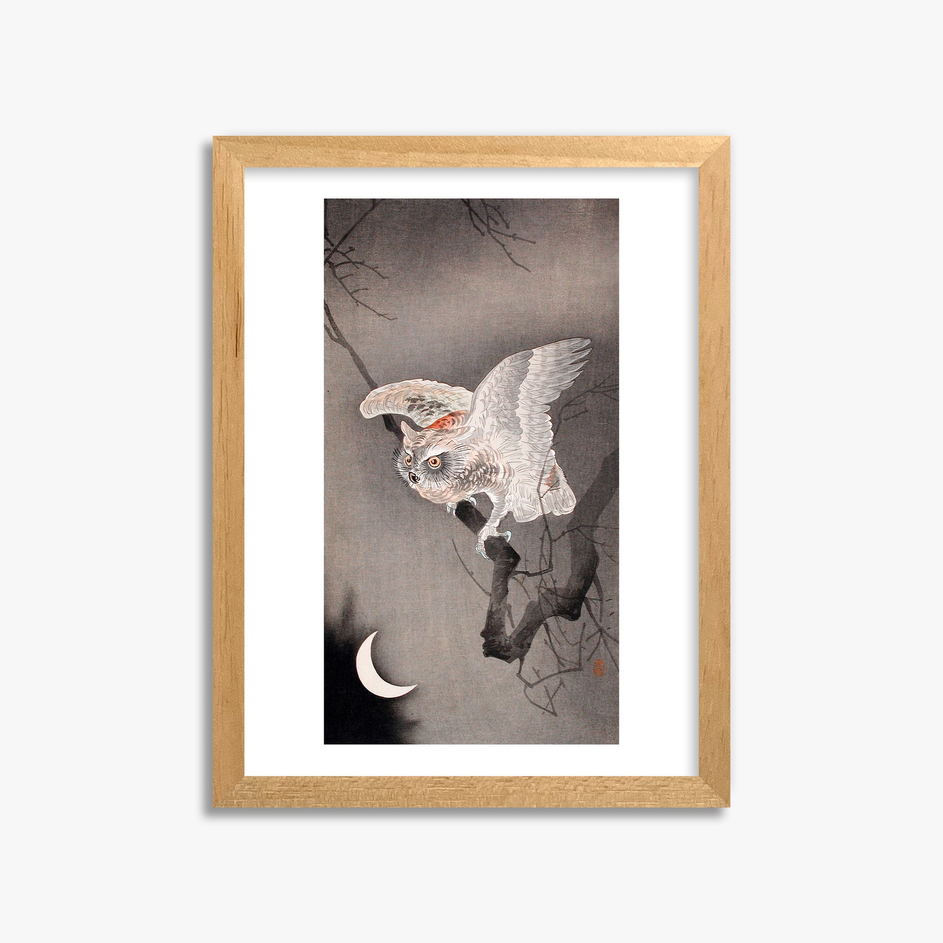 Ohara Koson: Scops Owl in Moonlight, 30x40cm Framed Art Reproduction With Oak Frame