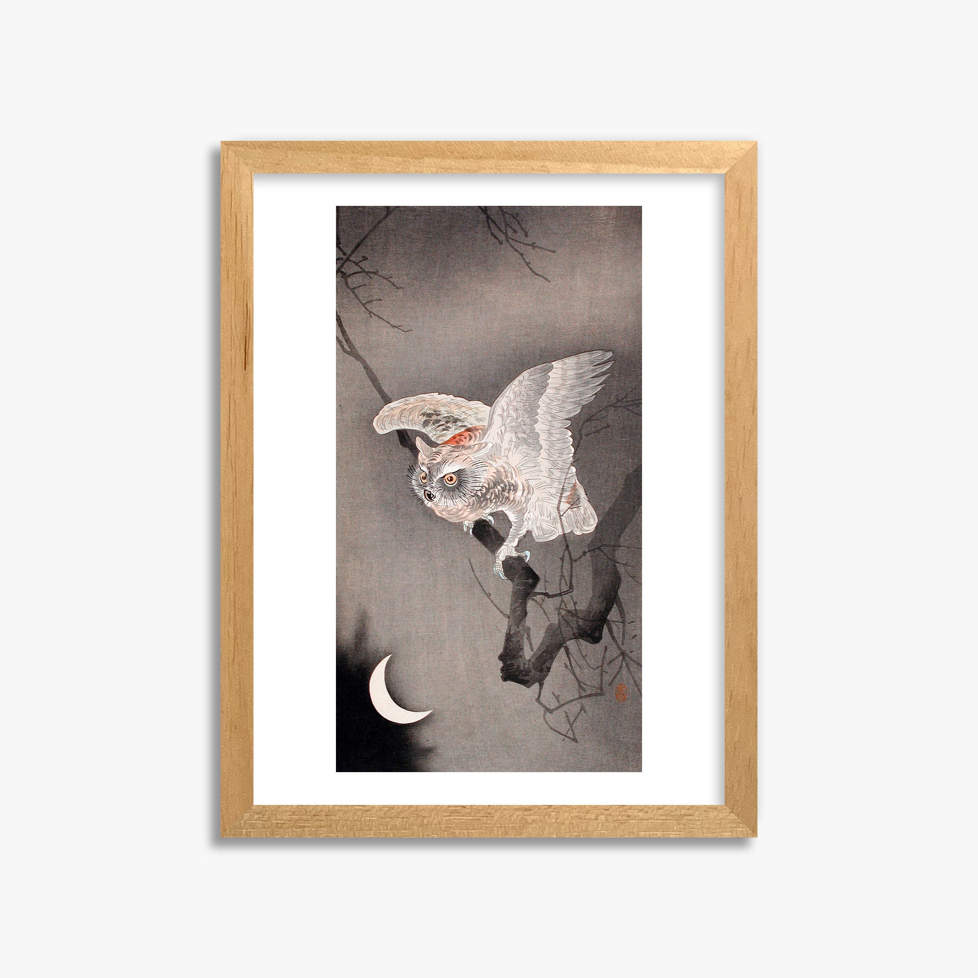 Ohara Koson: Scops Owl in Moonlight, 30x40cm Framed Art Reproduction With Oak Frame