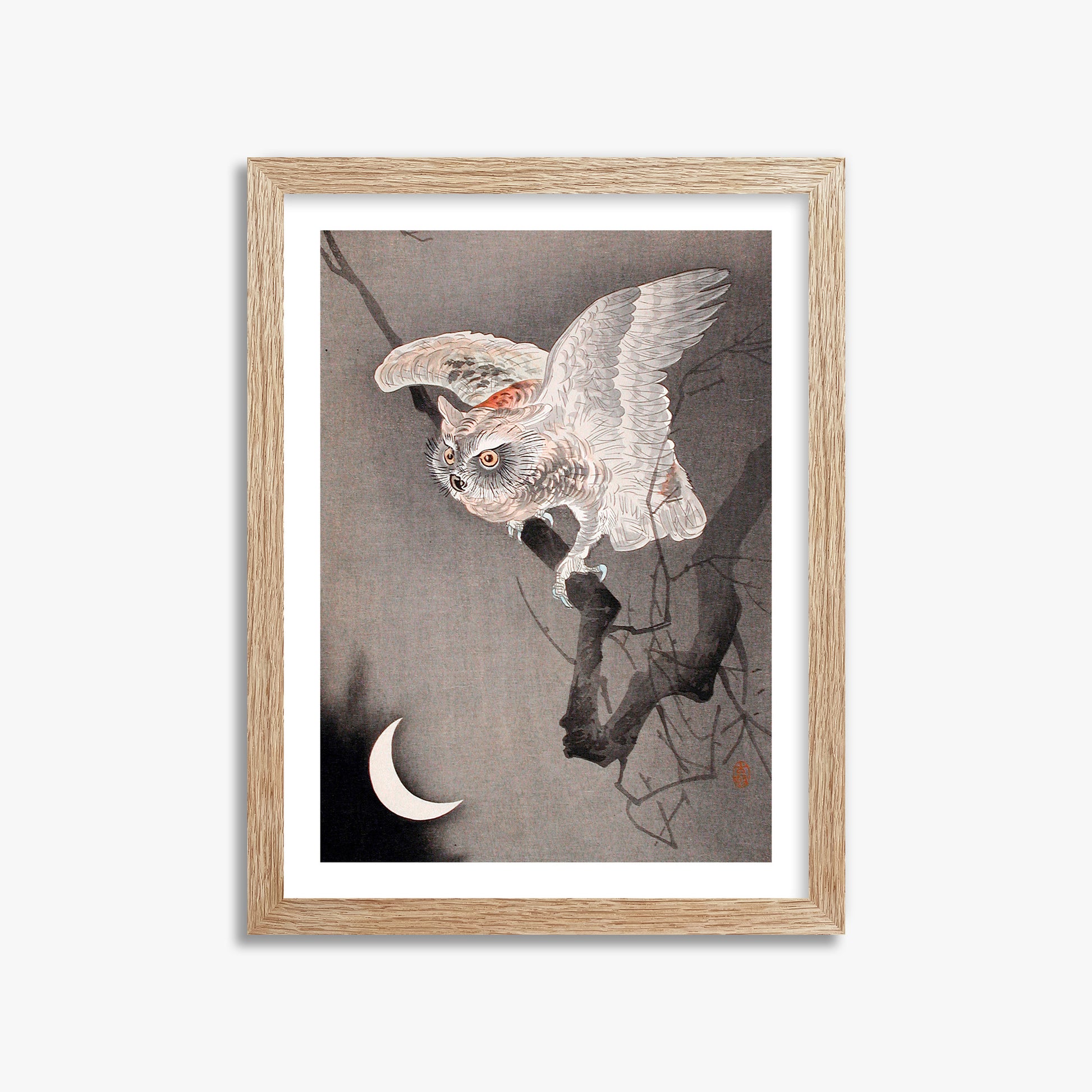 Ohara Koson: Scops Owl in Moonlight, 30x40cm Framed Art Reproduction With Raw Oak Frame