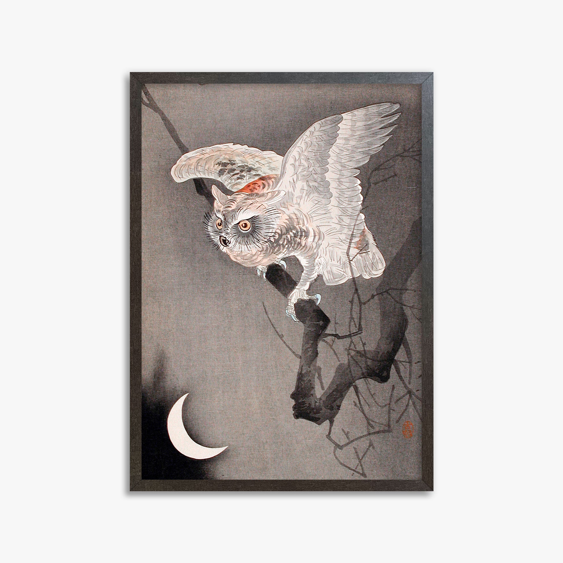 Ohara Koson: Scops Owl in Moonlight, 50x70cm Framed Art Reproduction With Espresso Frame