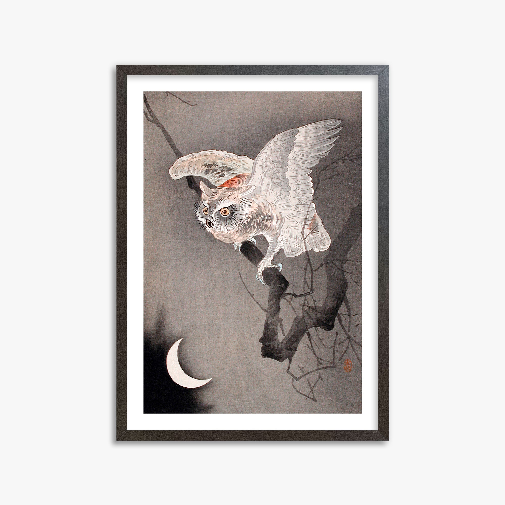 Ohara Koson: Scops Owl in Moonlight, 50x70cm Framed Art Reproduction With Espresso Frame