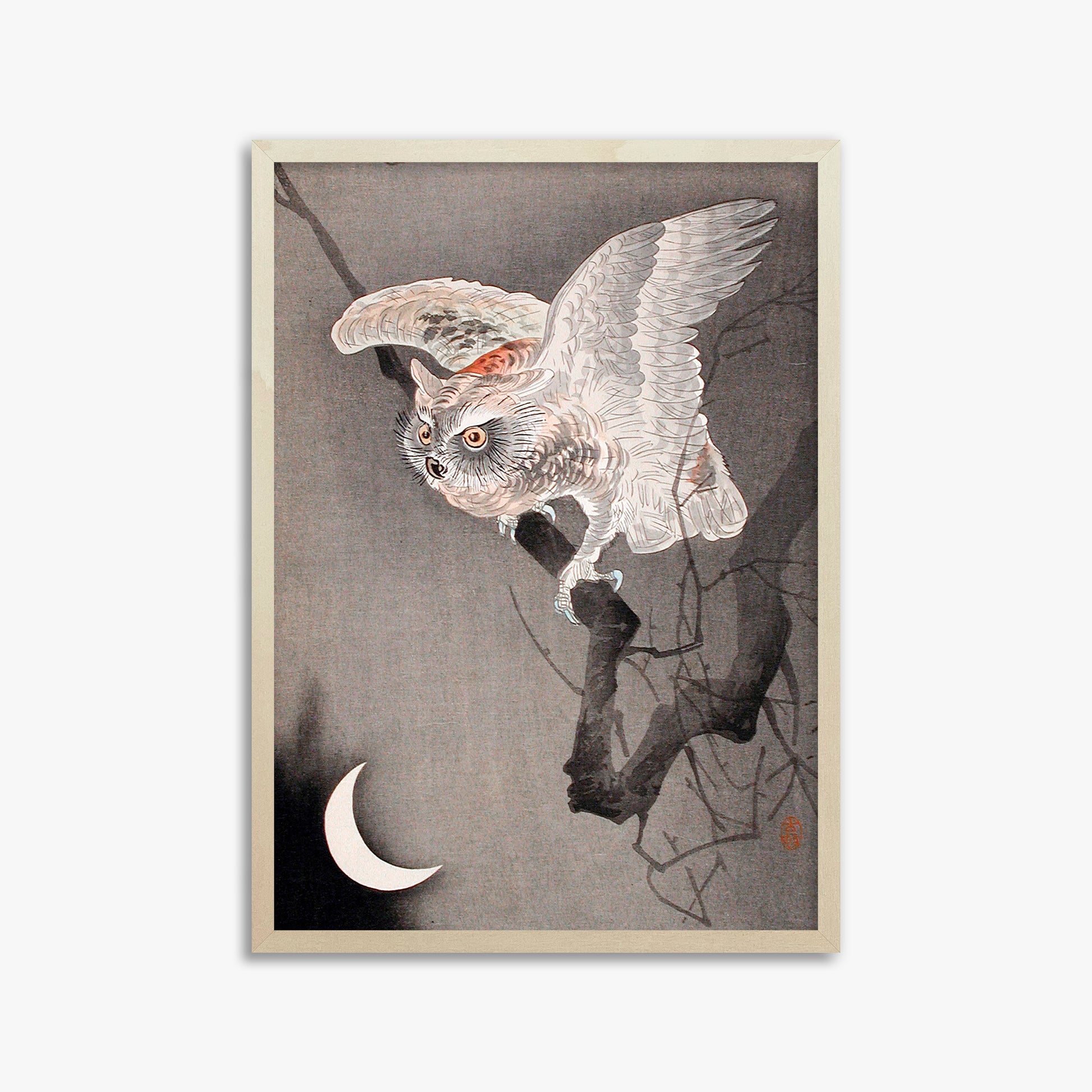 Ohara Koson: Scops Owl in Moonlight, 50x70cm Framed Art Reproduction With Lime Wood Frame