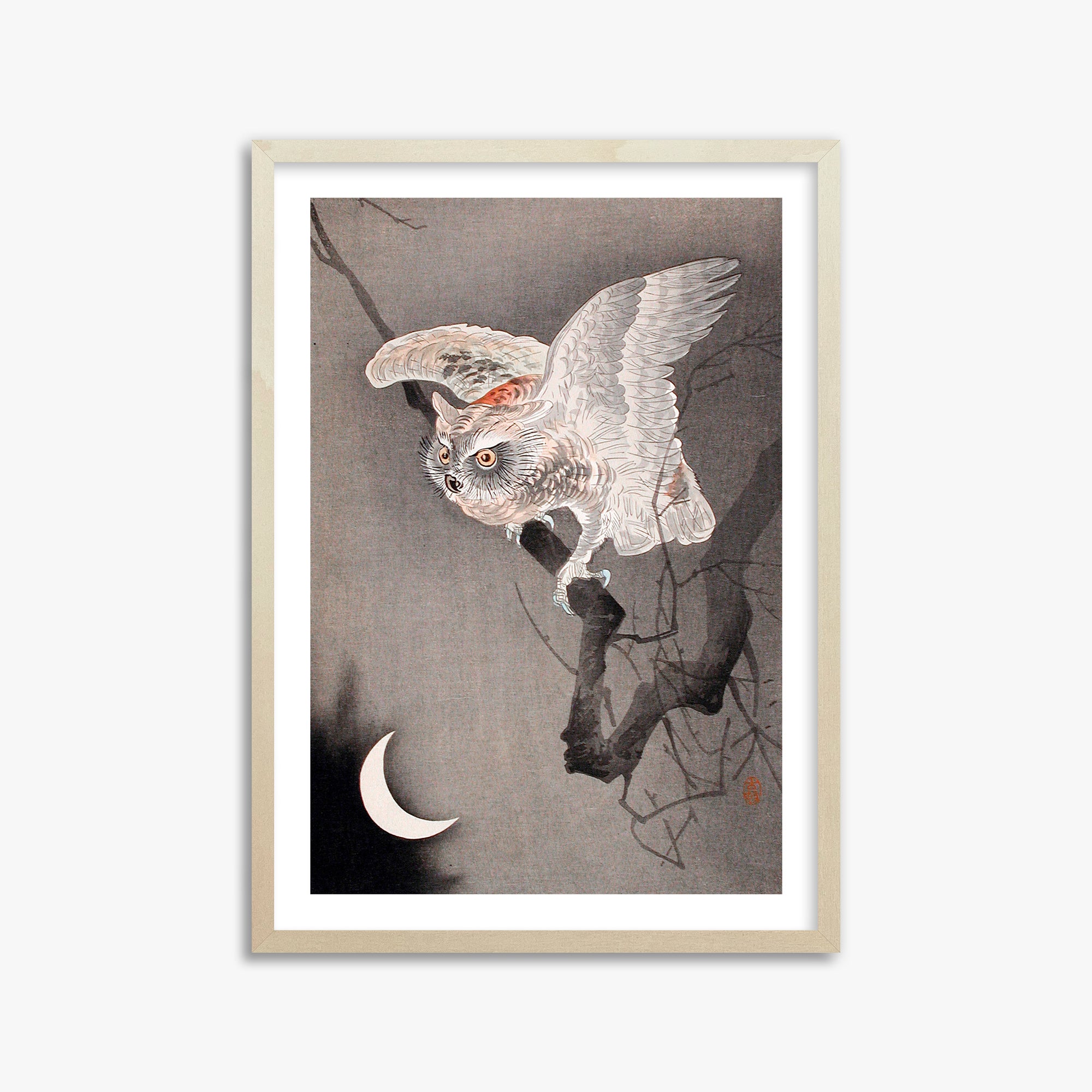 Ohara Koson: Scops Owl in Moonlight, 50x70cm Framed Art Reproduction With Lime Wood Frame