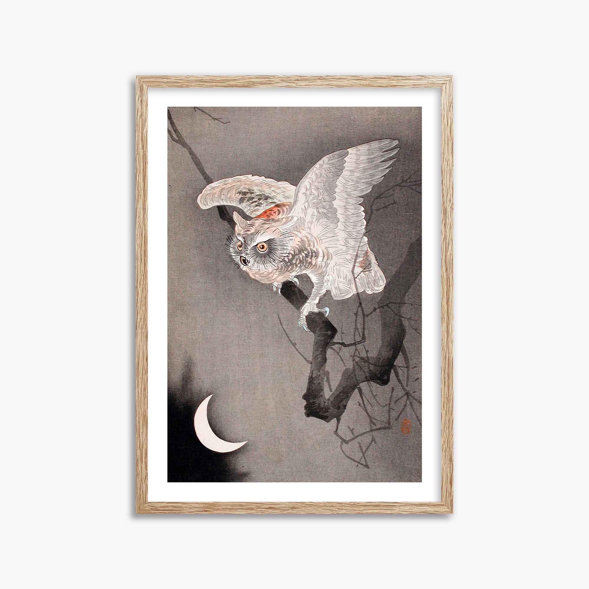Ohara Koson: Scops Owl in Moonlight, 50x70cm Framed Art Reproduction With Raw Oak Frame