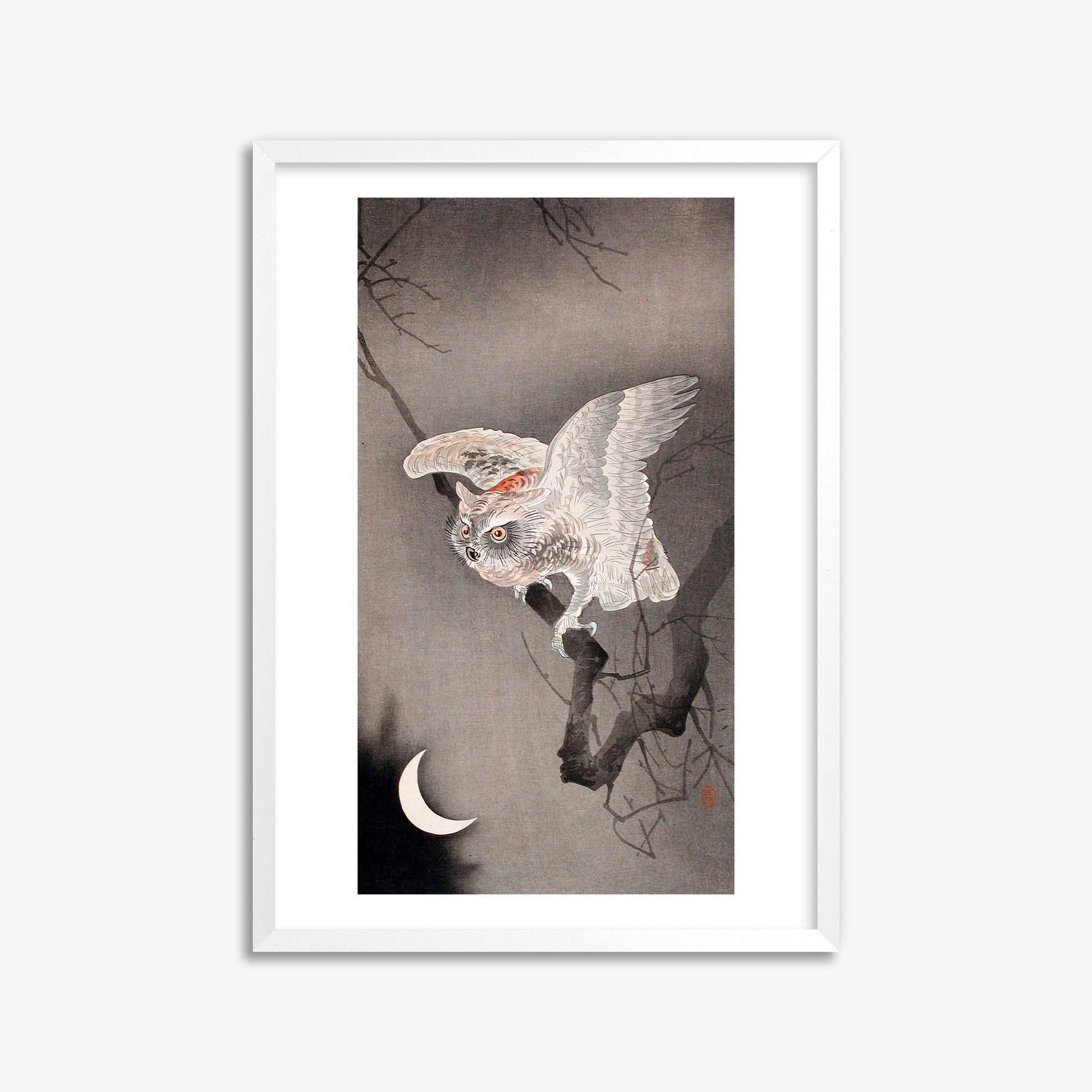 Ohara Koson: Scops Owl in Moonlight, 50x70cm Framed Art Reproduction With White Frame