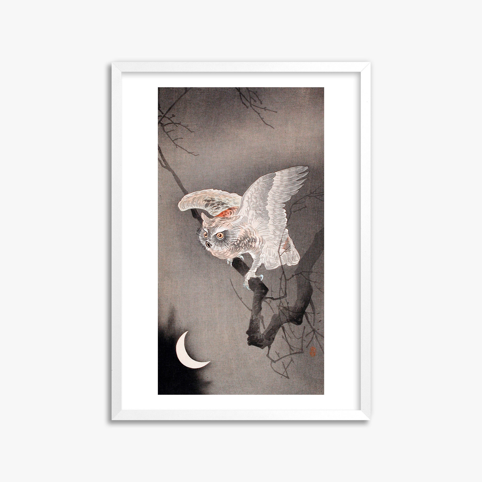 Ohara Koson: Scops Owl in Moonlight, 50x70cm Framed Art Reproduction With White Frame