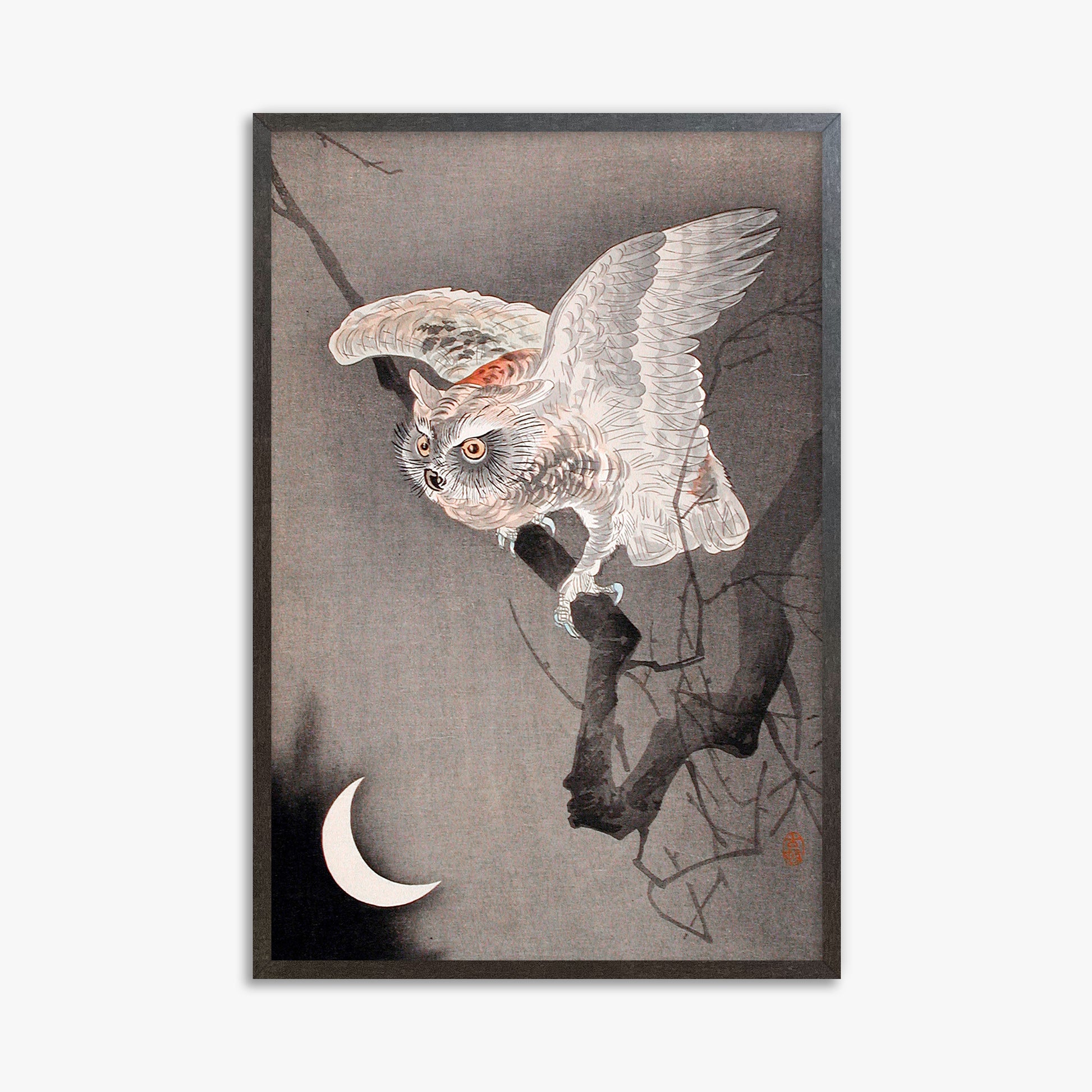Ohara Koson: Scops Owl in Moonlight, 61x91cm Framed Art Reproduction With Espresso Frame