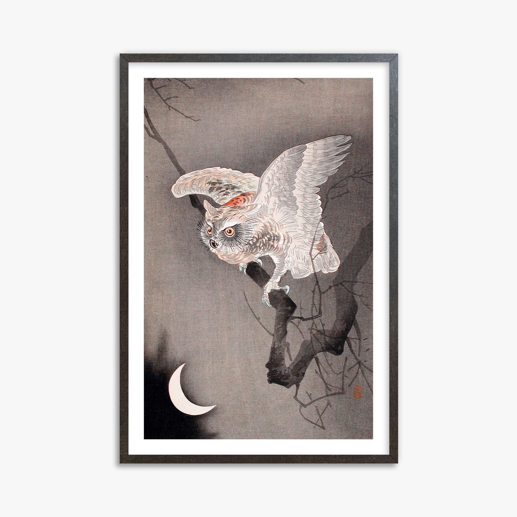 Ohara Koson: Scops Owl in Moonlight, 61x91cm Framed Art Reproduction With Espresso Frame